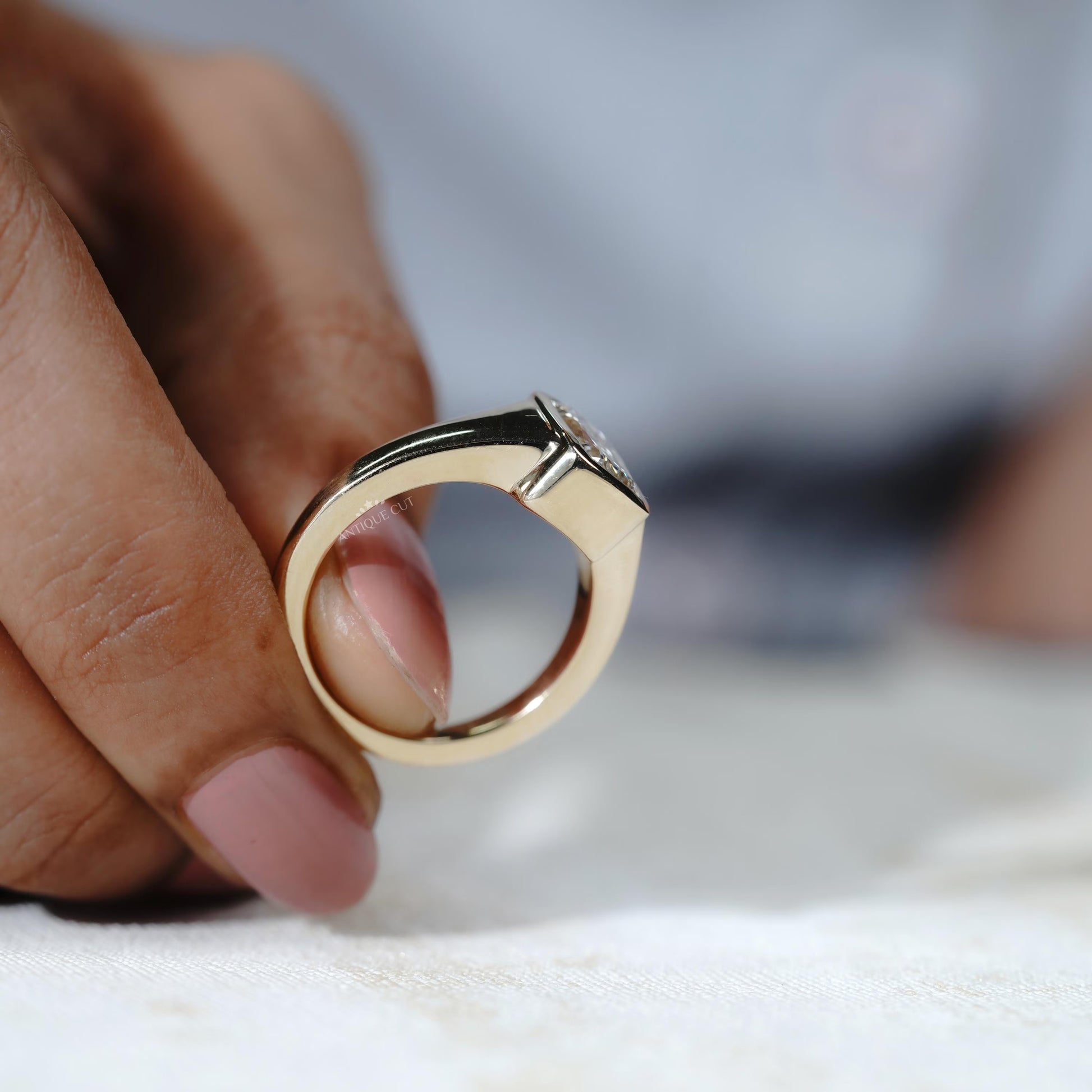 Fine jewelry old mine elongated cushion diamond ring yellow gold