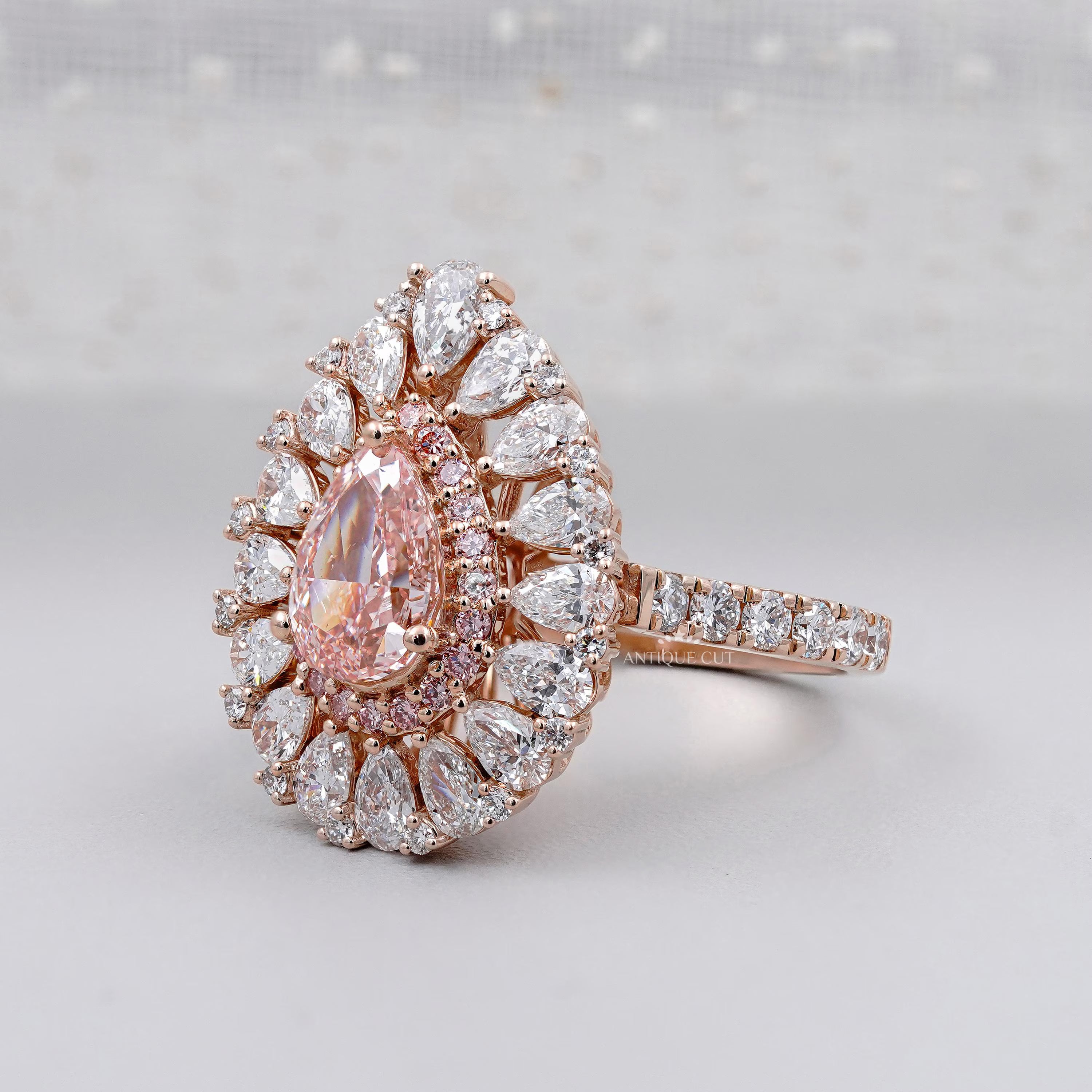 Pink Teardrop Ring With Cluster Halo Style