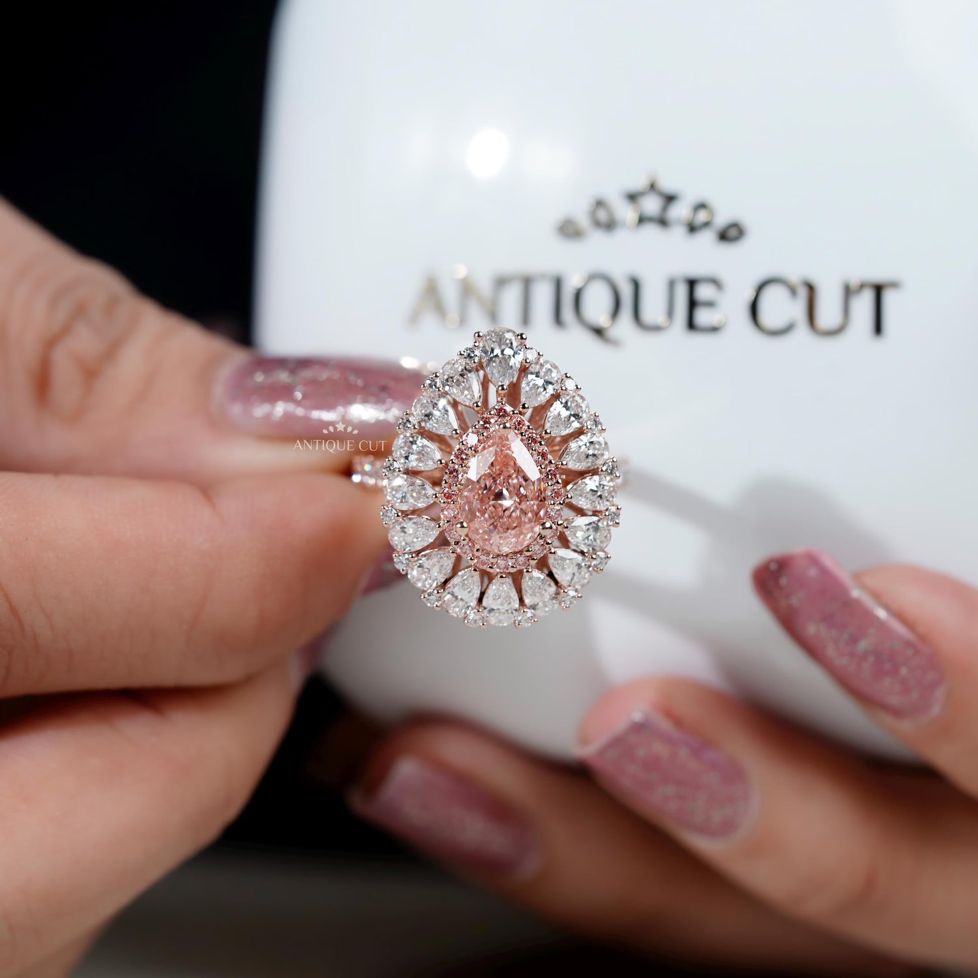 IGI certified pink pear diamond rose gold halo ring
