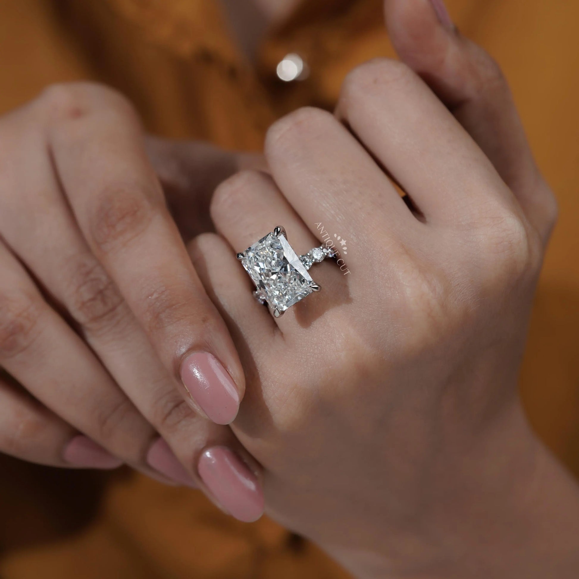 Radiant Cut Hidden Halo Engagement Ring With Round Diamond Band | IGI Certified