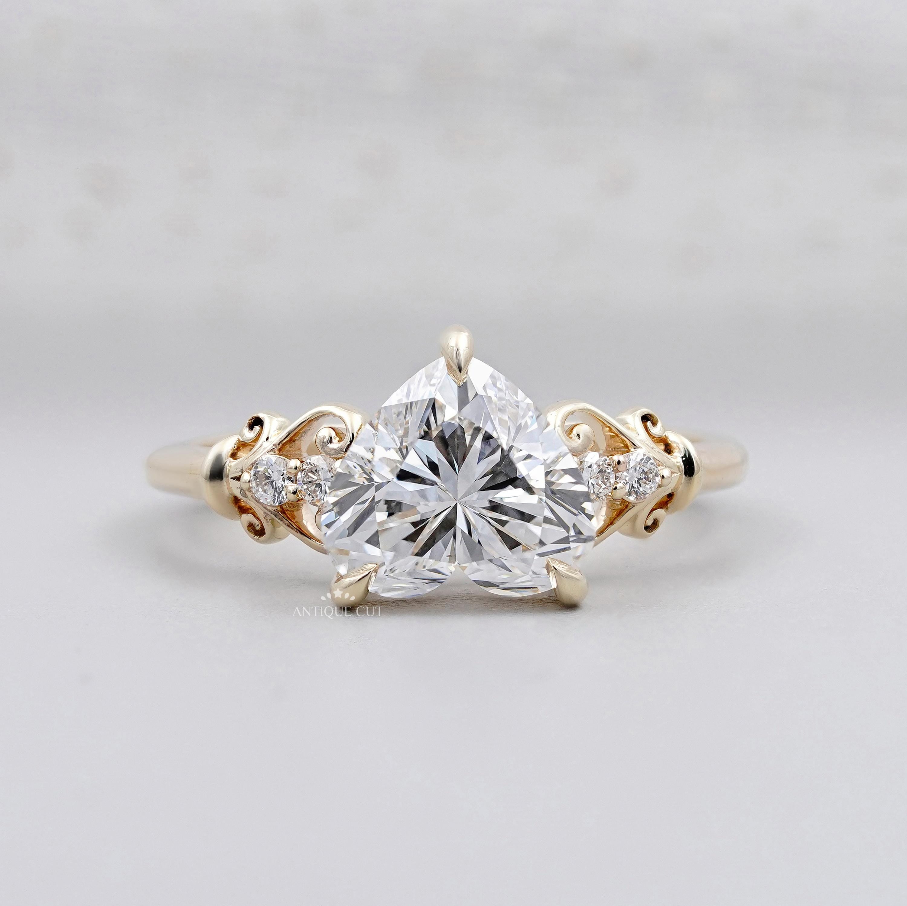 3.30TCW Heart Shape Diamond Engagement Ring | With Round Side Stone | Vintage-Inspired | Lab Grown Diamond Ring IGI Certified D-E-F VVS-VS.