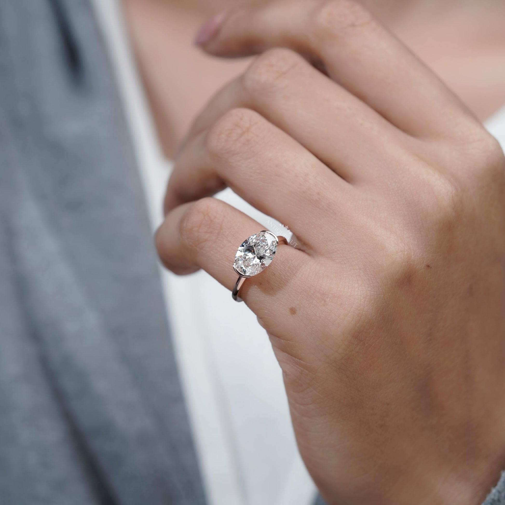 3.00TCW Oval Diamond Half Bezel Set Rose Gold Engagement Ring