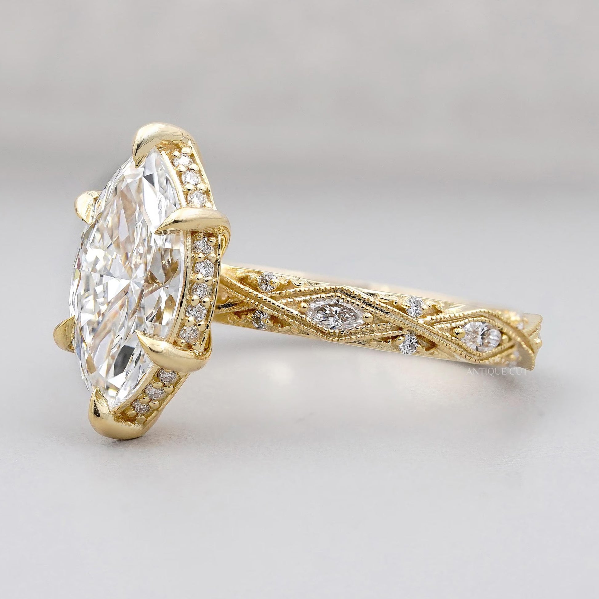 Lab grown marquise diamond ring with halo setting