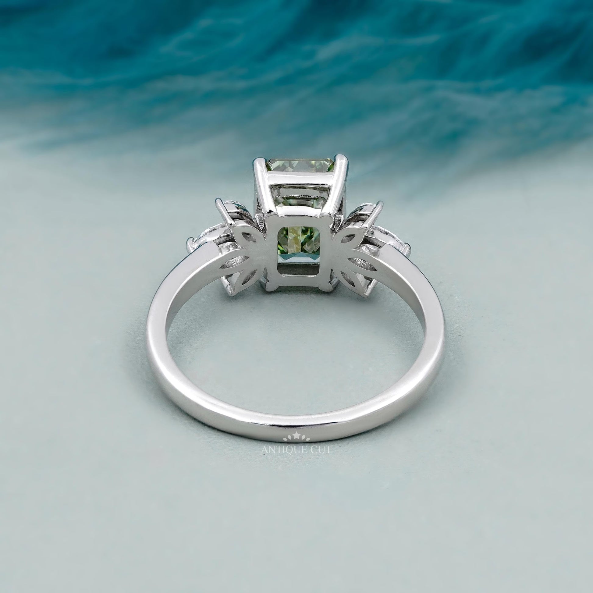 Antique cut emerald green diamond ring white gold