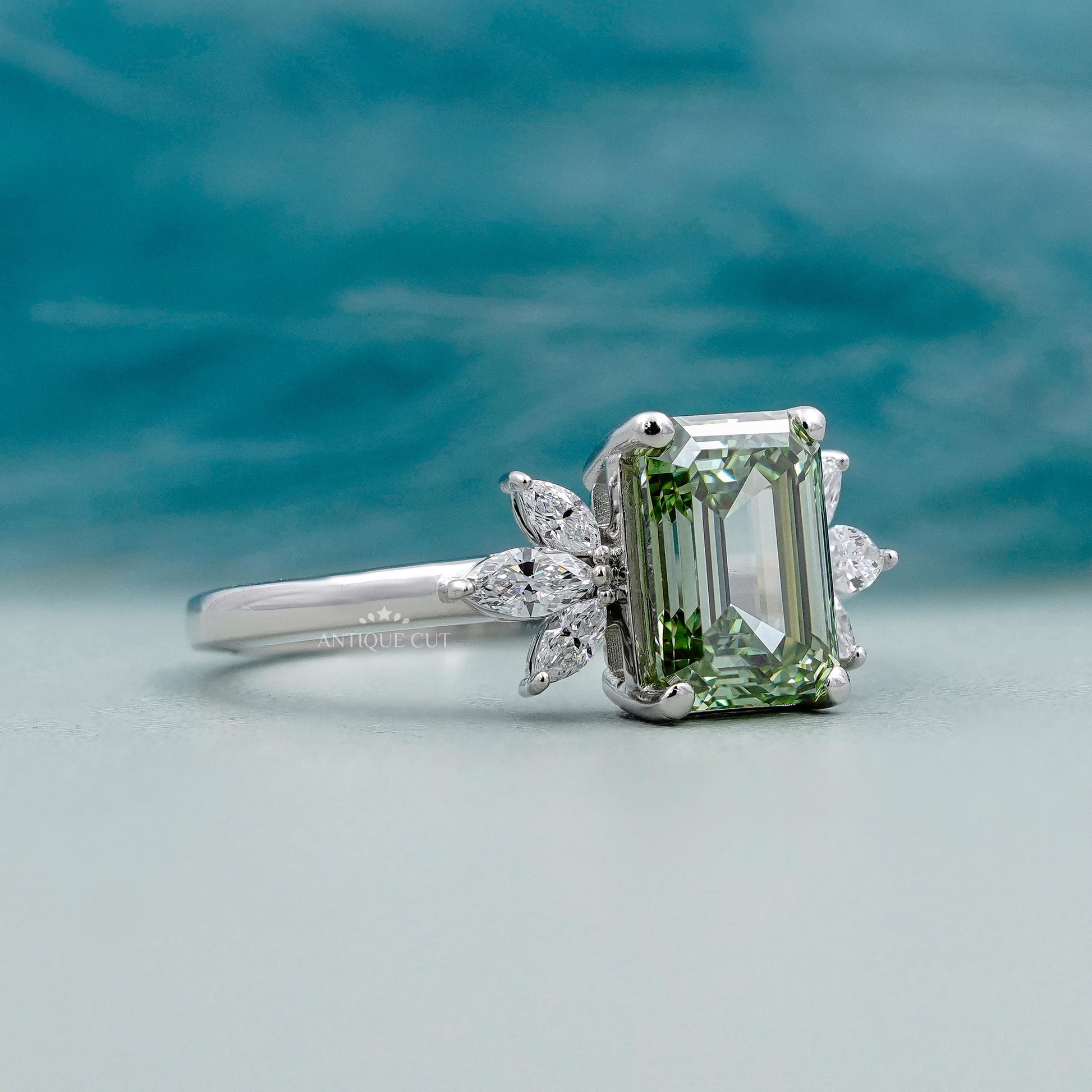 IGI certified emerald cut light green diamond ring