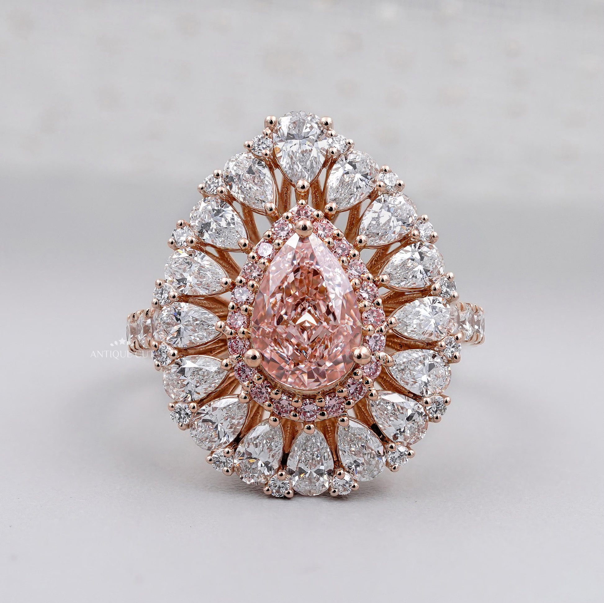 Rose Gold Cluster Halo Pink Diamond Pear Ring