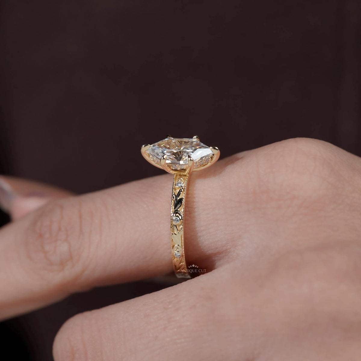 Lab grown hexagon diamond ring with vintage setting