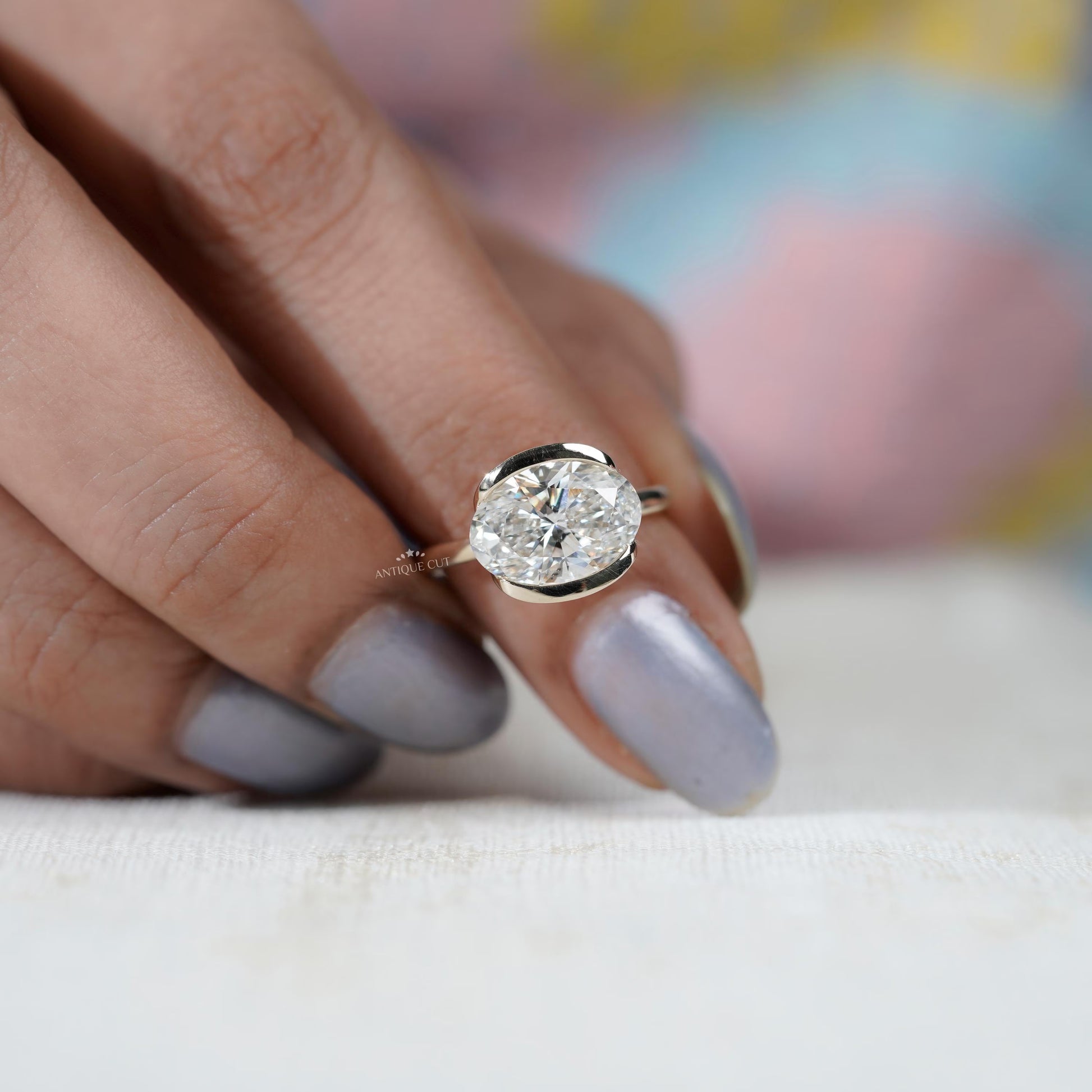 lab diamond oval ring horizontal design