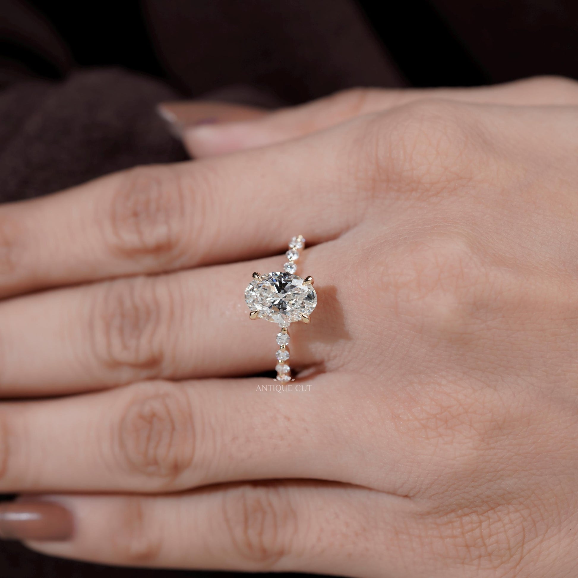 Antiquecut oval hidden halo engagement ring yellow gold