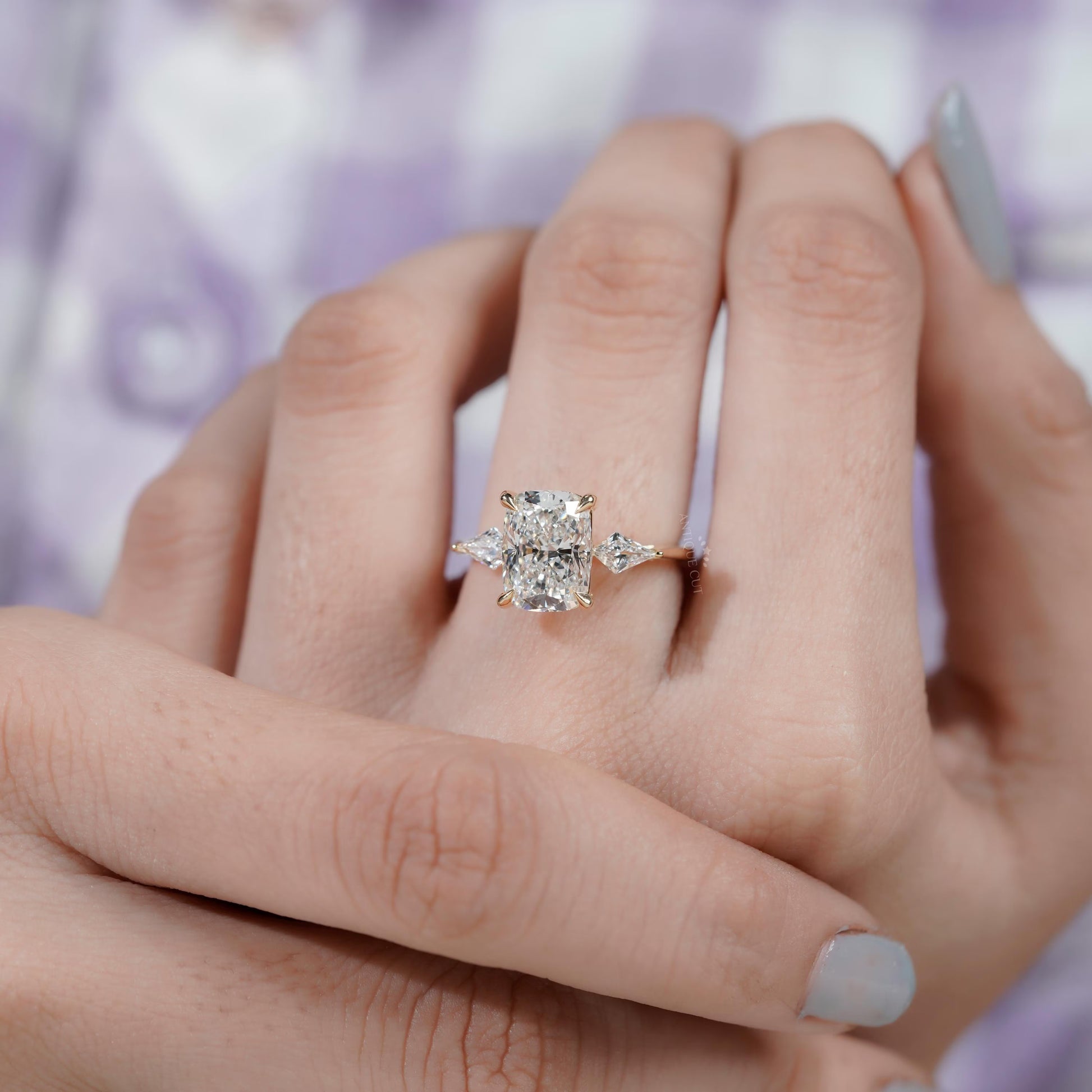Elegant cushion cut diamond ring front view