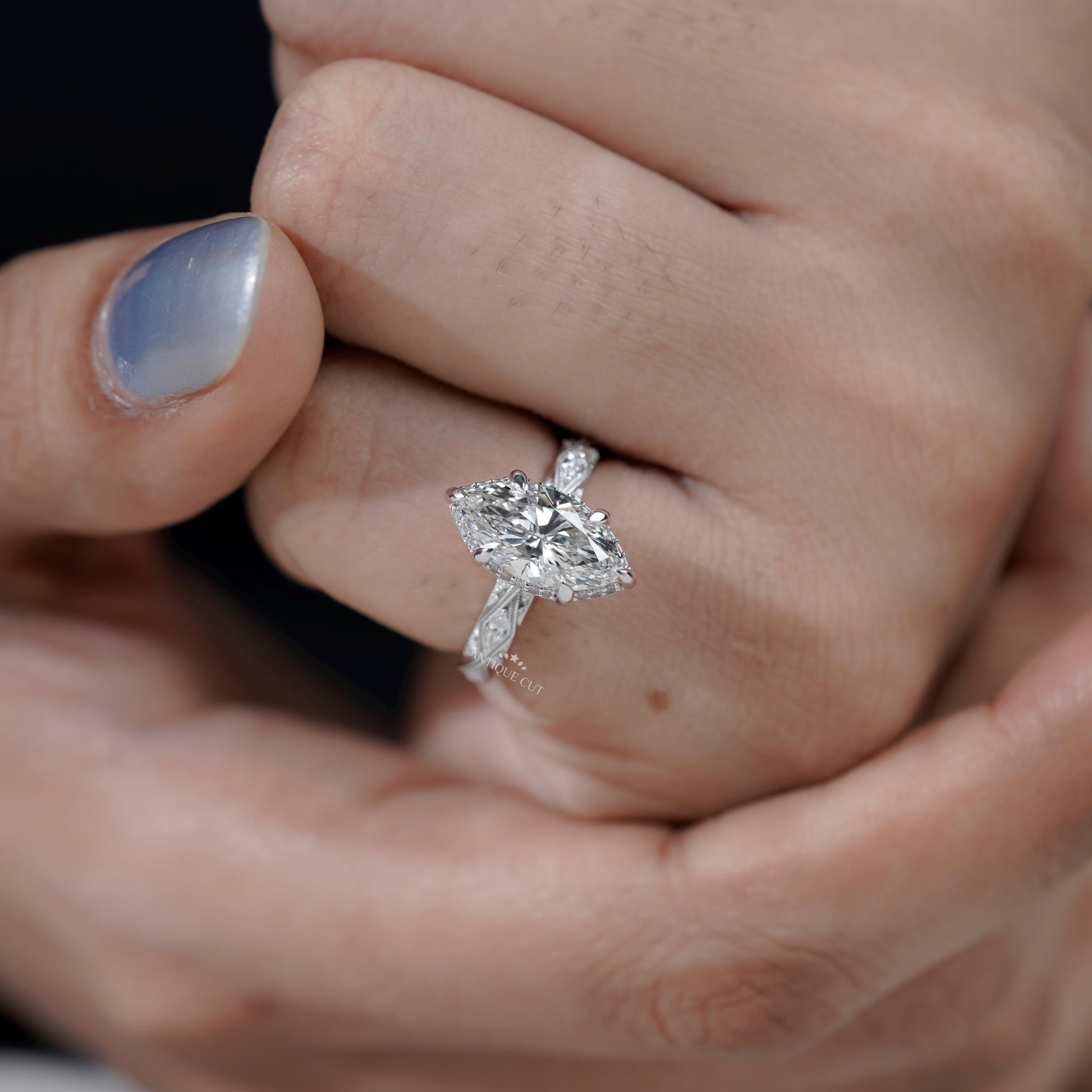 Unique vintage style marquise diamond bridal ring