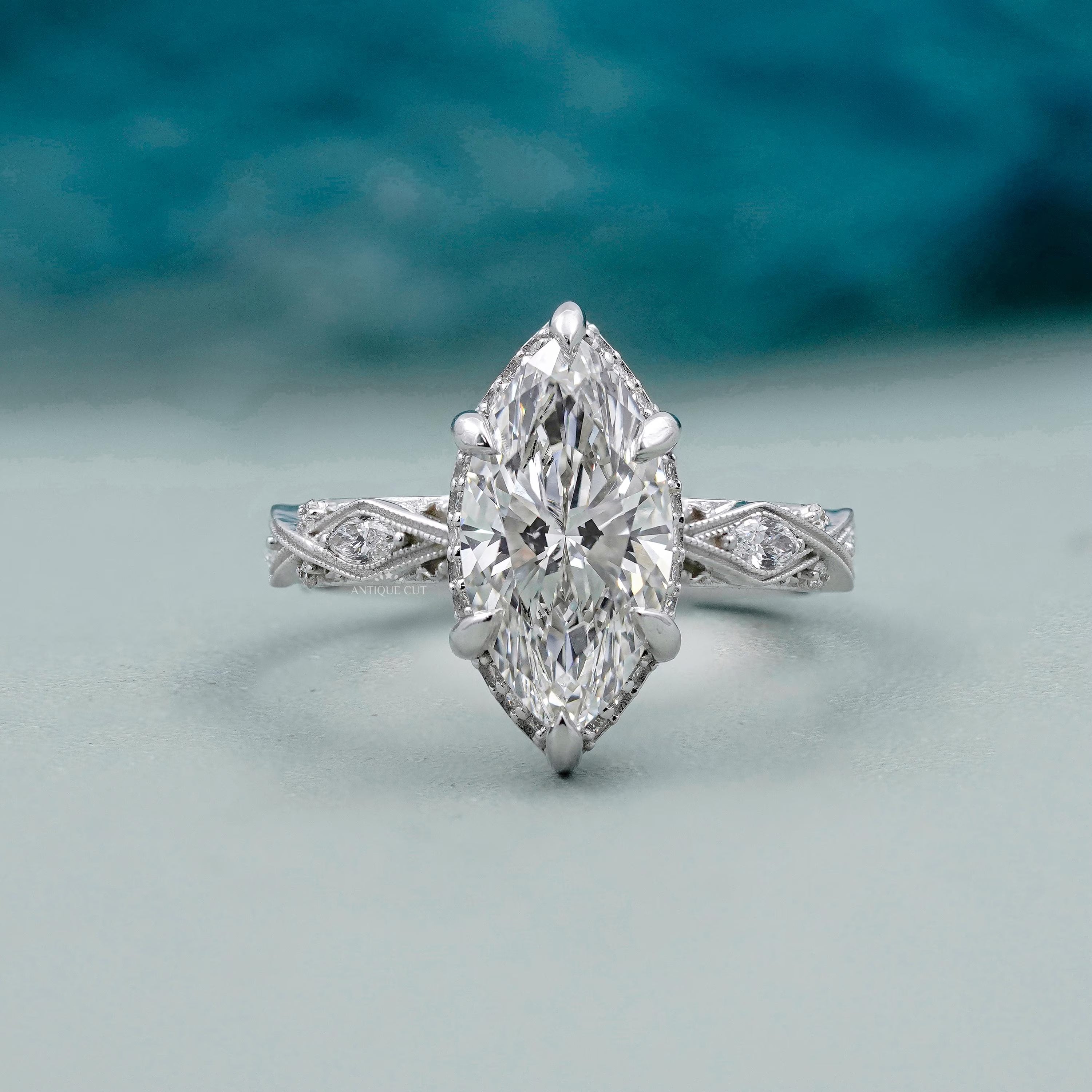 Vintage Inspired Marquise Diamond Ring in White Gold IGI Certified