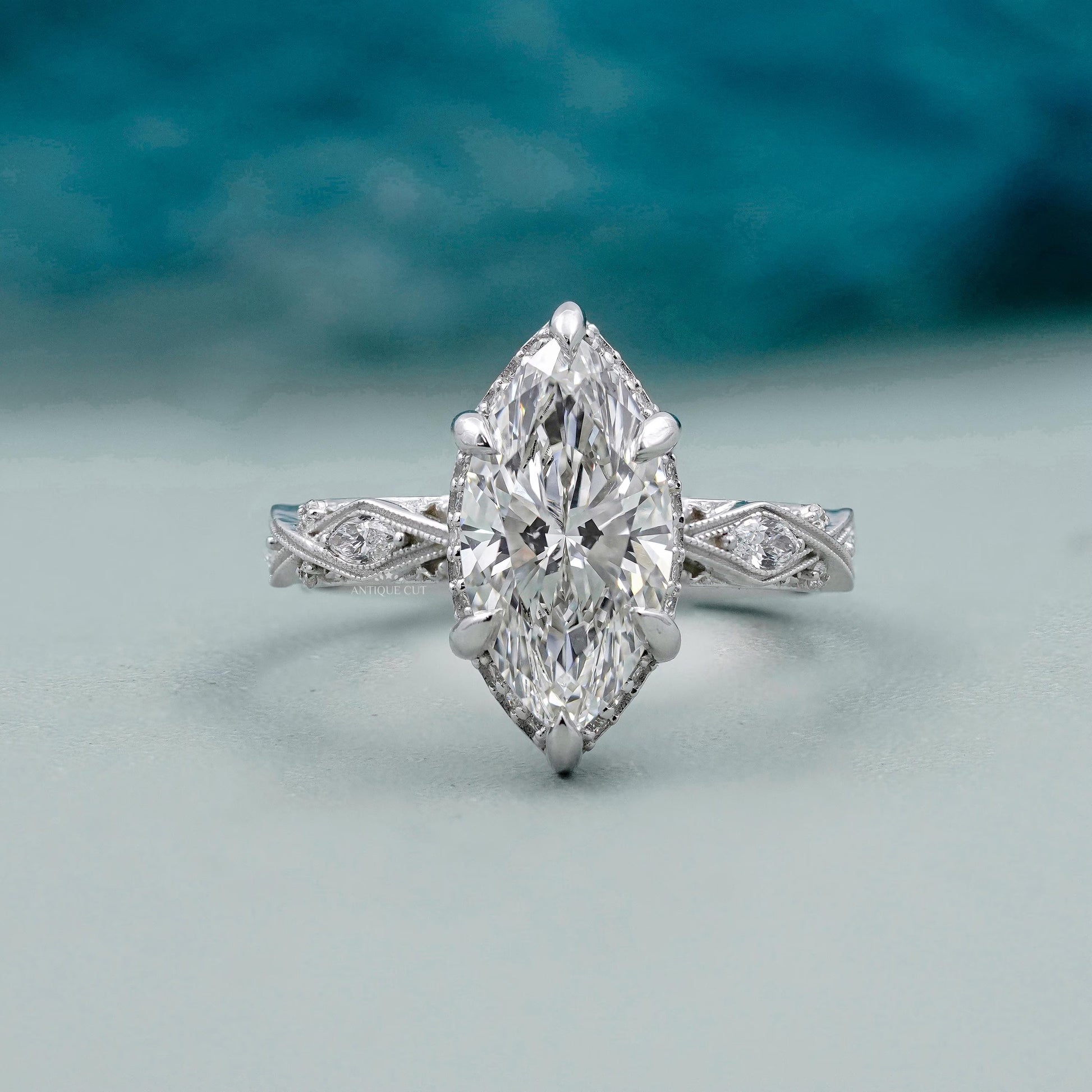 Vintage Inspired Marquise Diamond Ring in White Gold IGI Certified