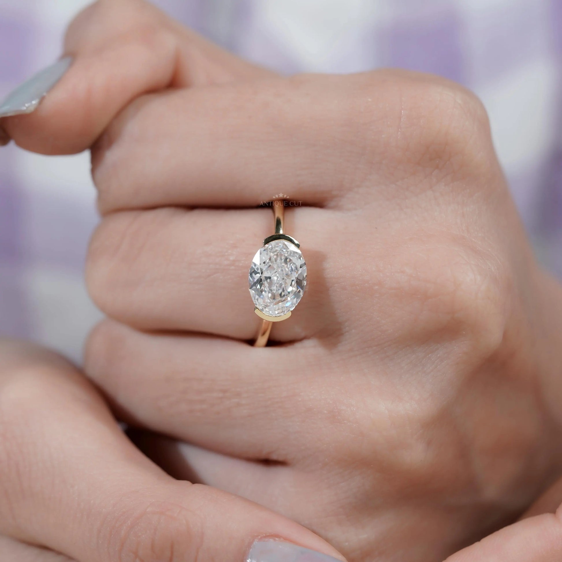 East West Engagement Ring With Oval diamond | Half Bezel Set Ring |  White gold