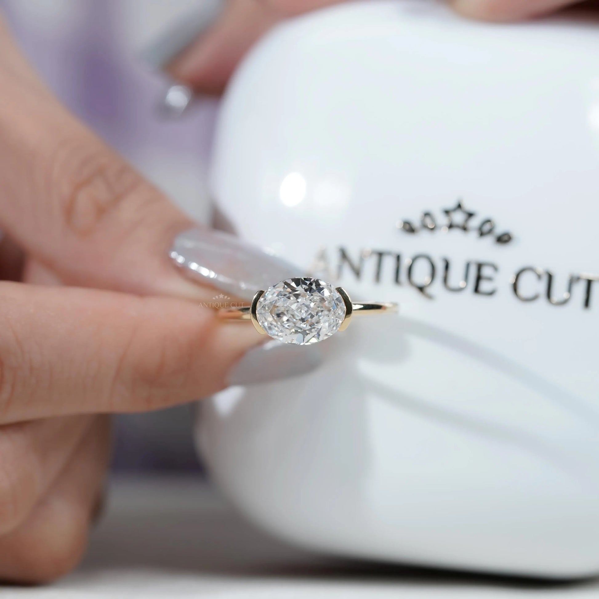 East West Engagement Ring With Oval diamond | Half Bezel Set Ring |  White gold