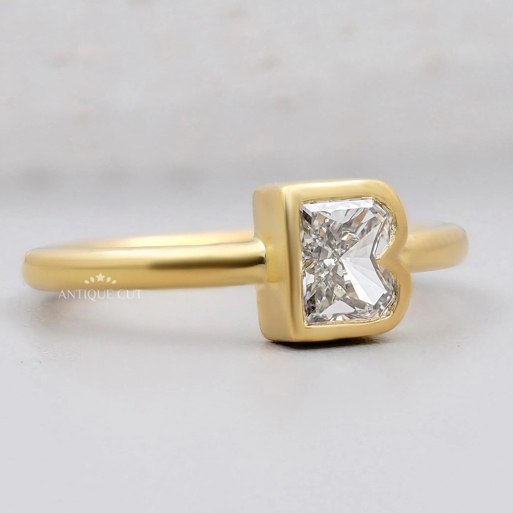 Alphabet Letter B diamond solitaire ring in yellow gold
