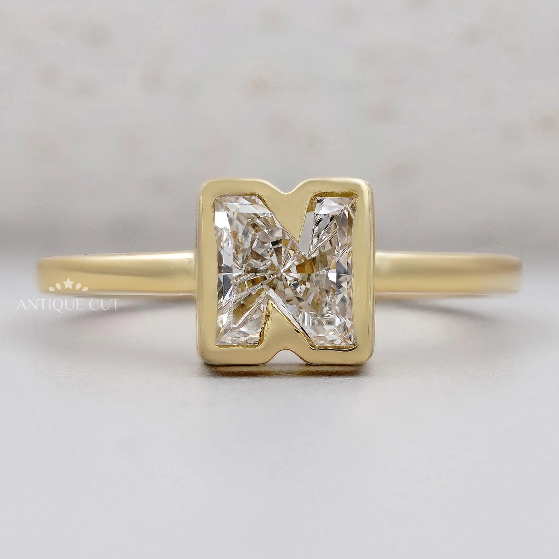 N letter ring lab grown diamond bezel yellow gold