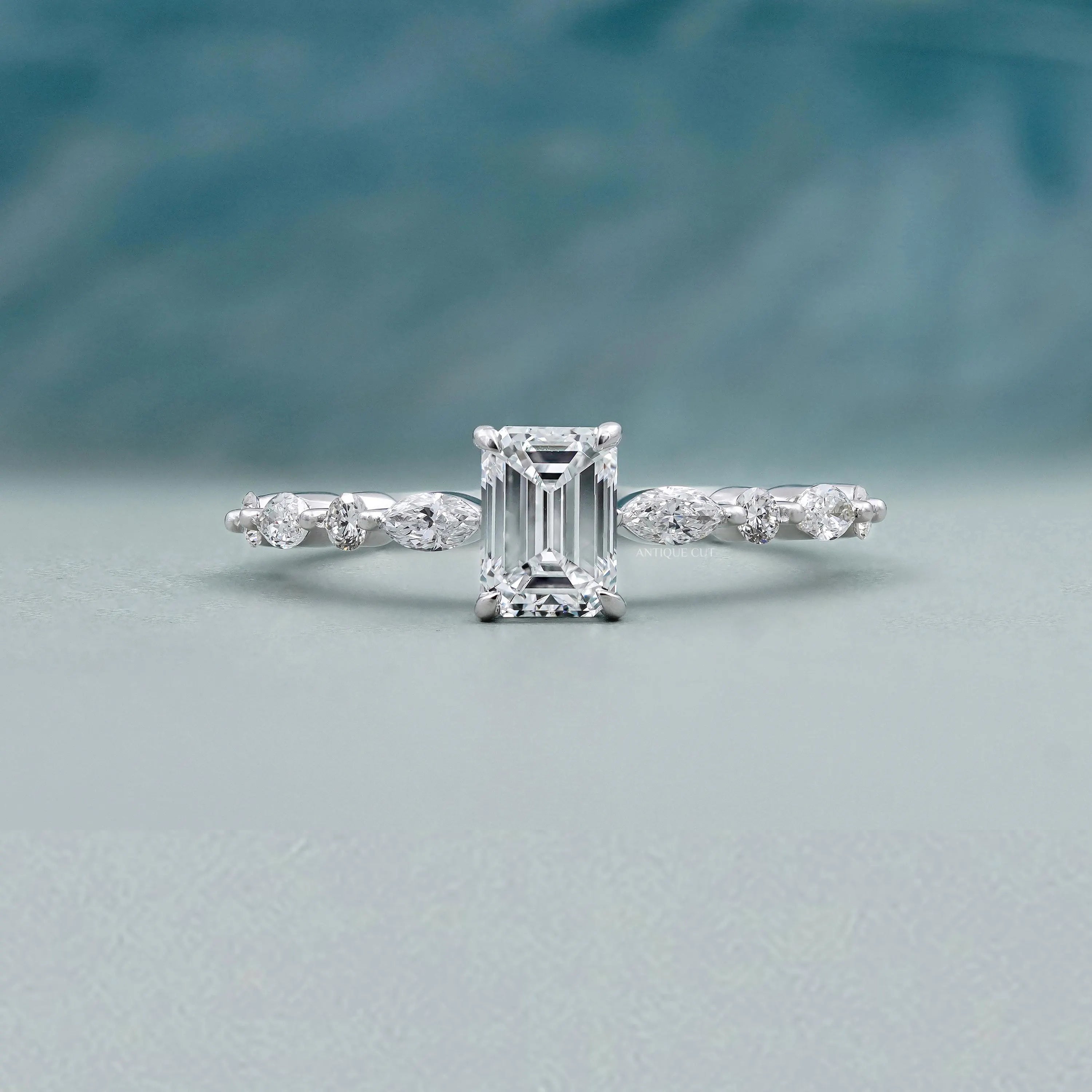 Emerald Cut Engagement Ring with Pave Diamond Band in White Gold IGI Certified