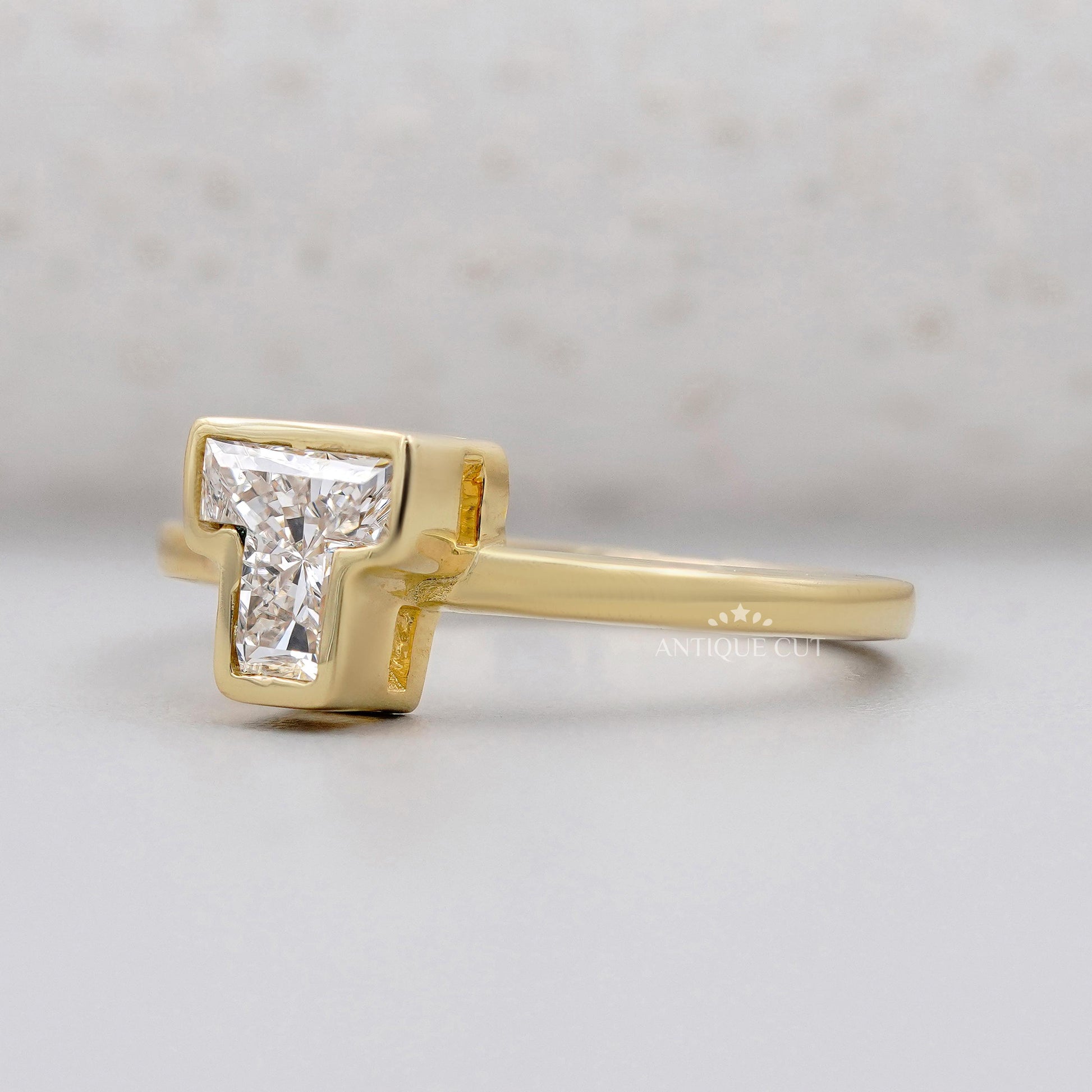 Lab grown T alphabet diamond ring yellow gold
