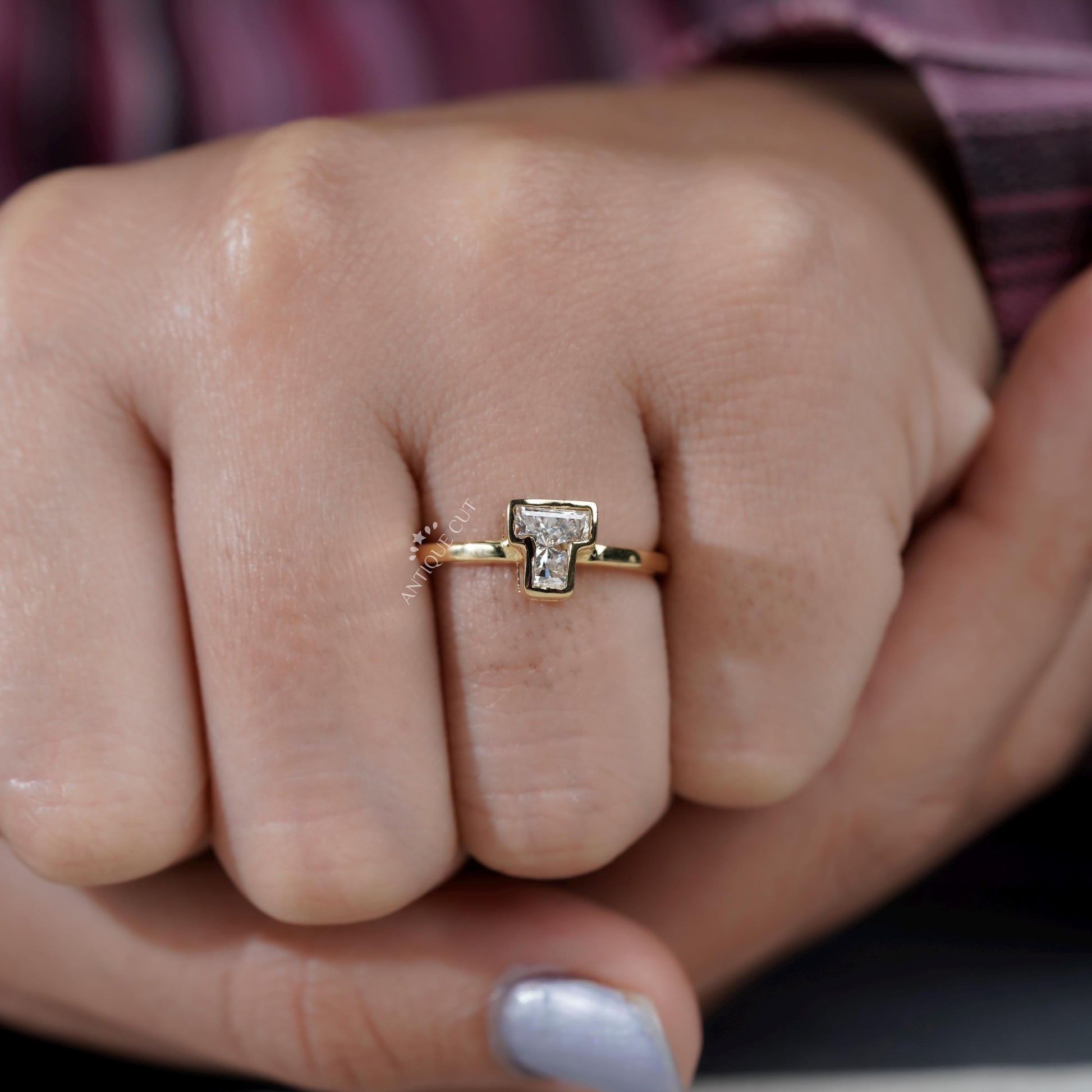 T alphabet engagement ring yellow gold design