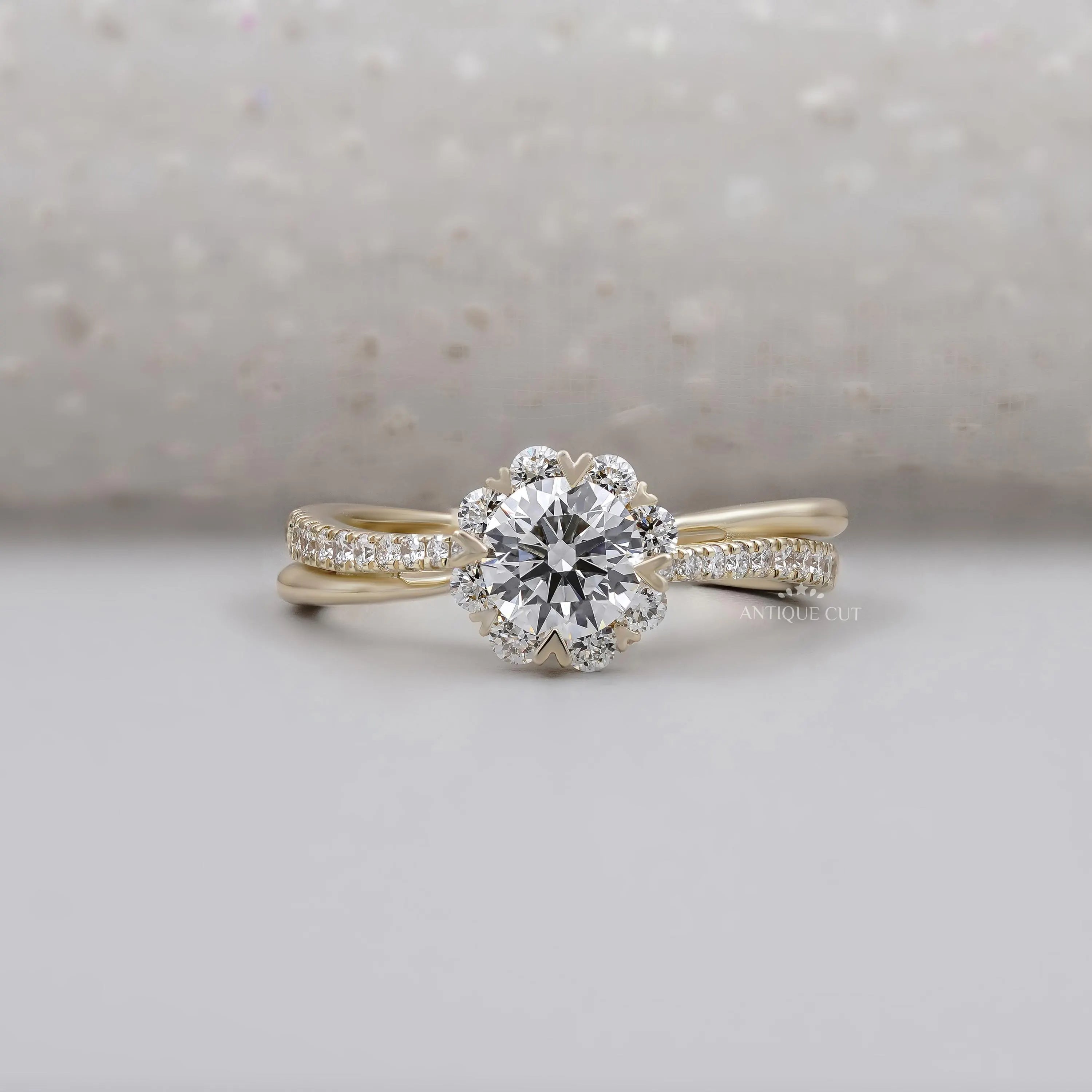 Round Cut Engagement Ring Floral Halo with Twisted Band Vintage Wedding Ring IGI Certified