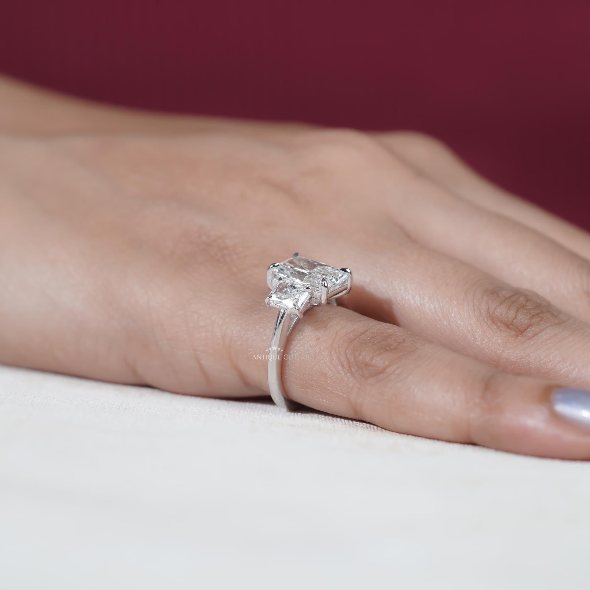 Sparkling three stone diamond ring close-up