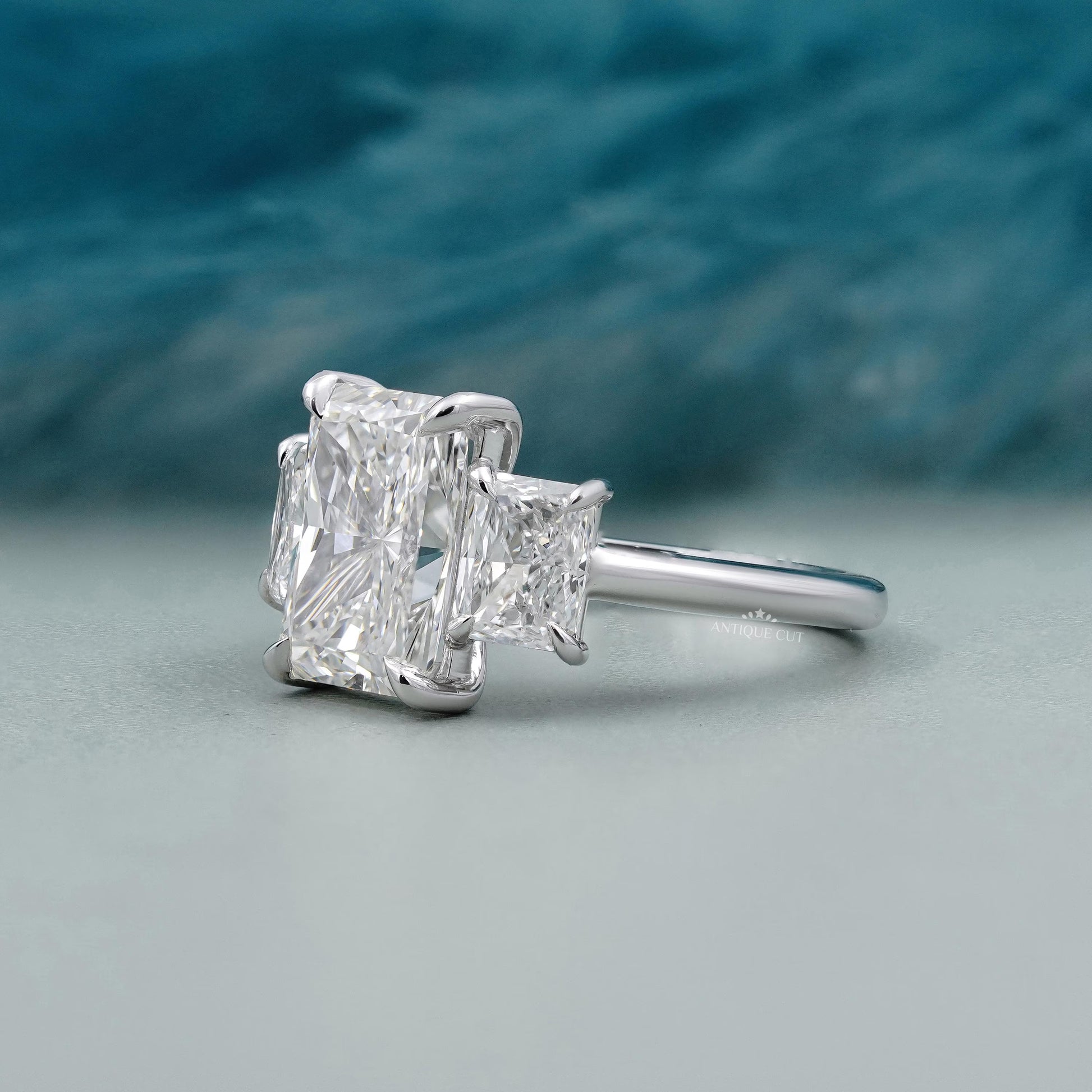 White gold radiant cut diamond ring close-up