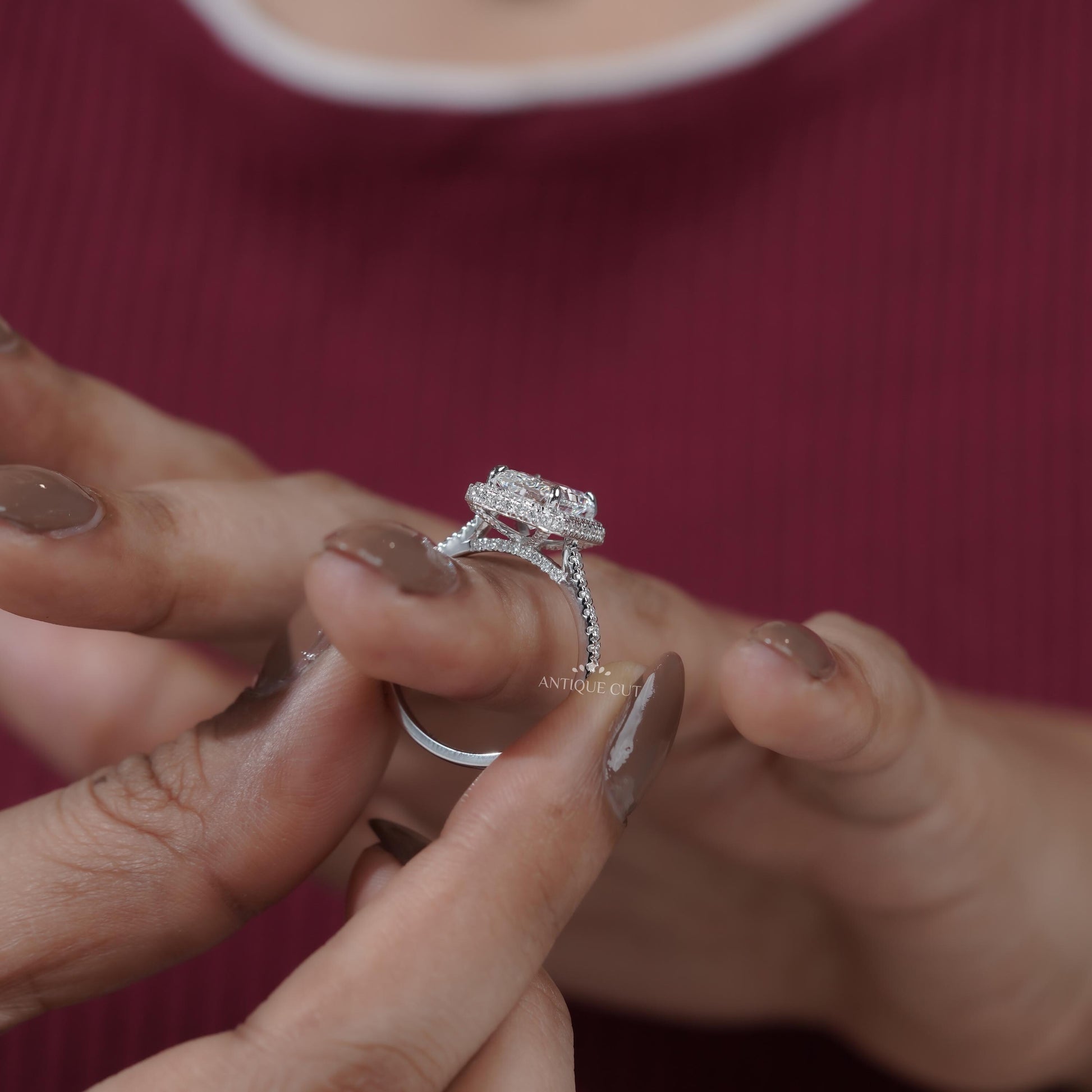 Luxury hidden halo diamond ring close-up