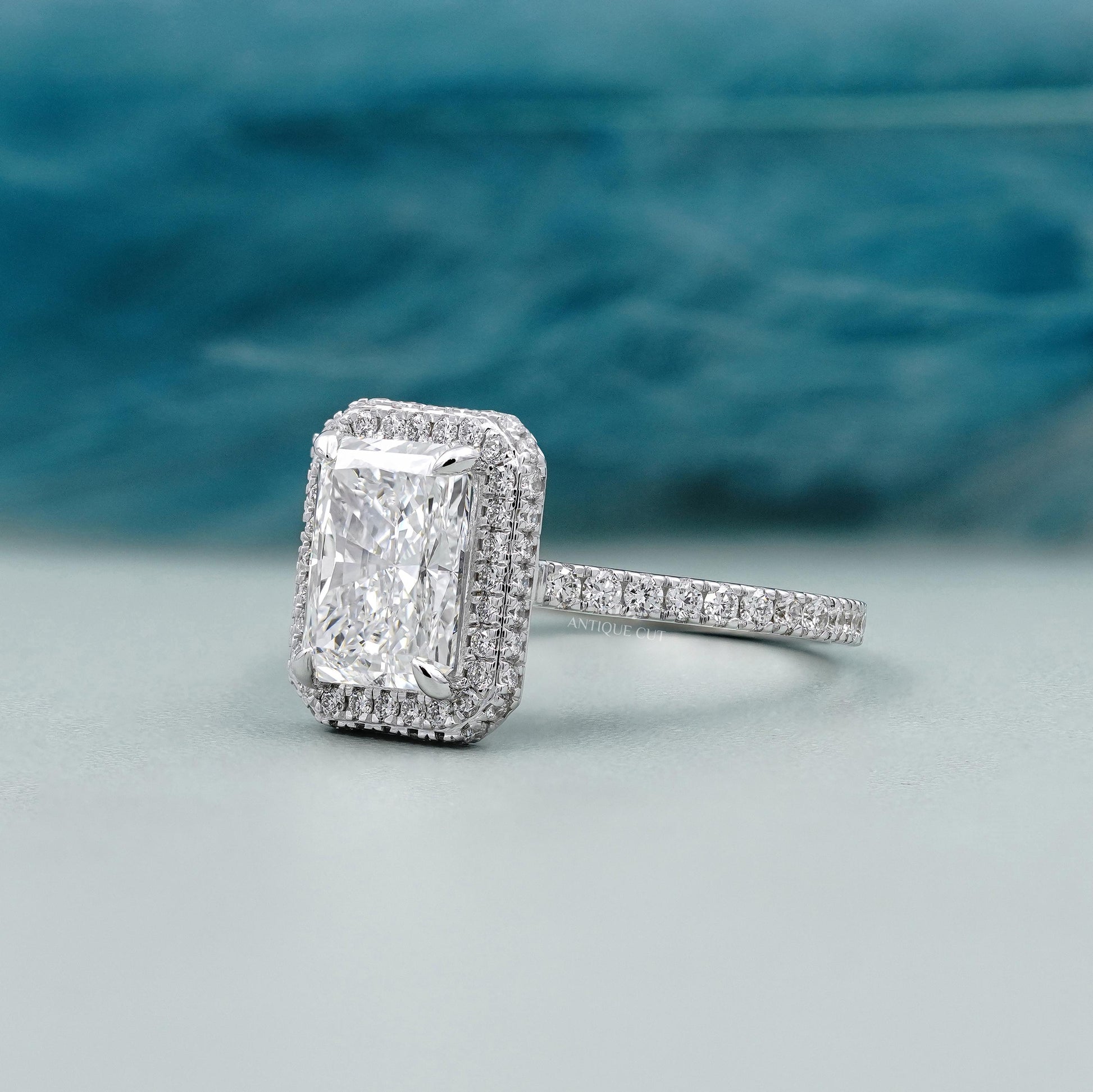 White gold radiant engagement ring close-up