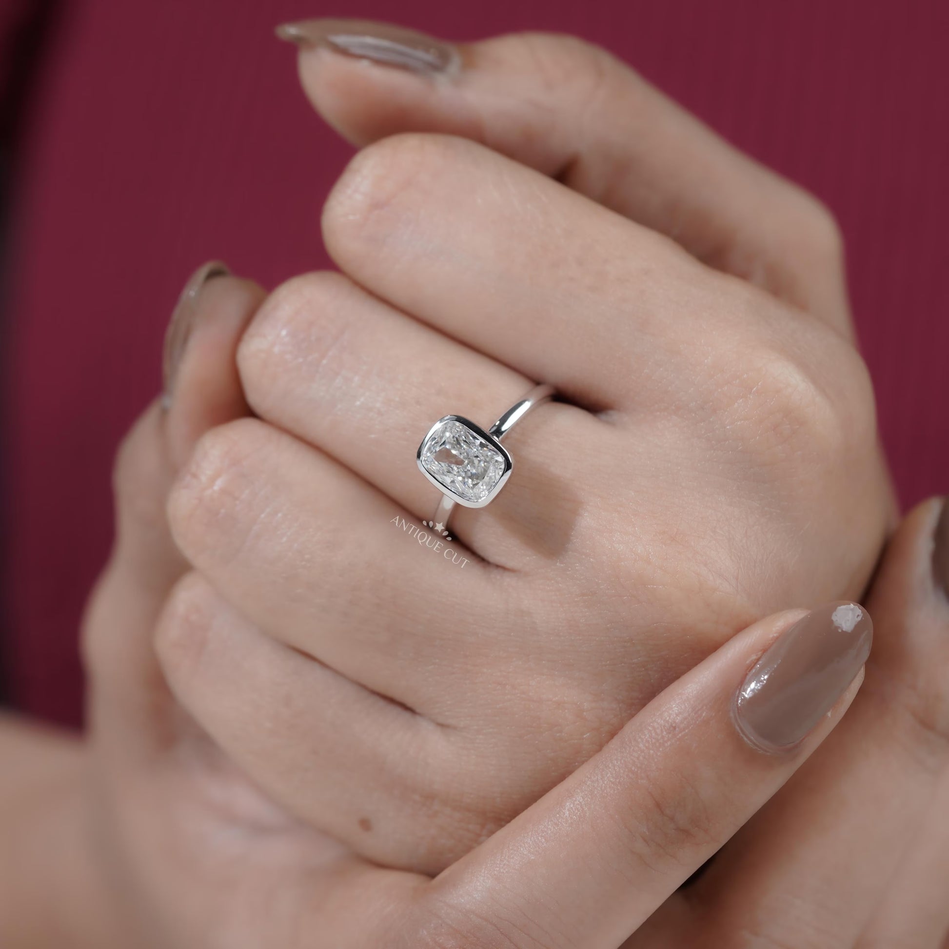 White gold cushion engagement ring side view