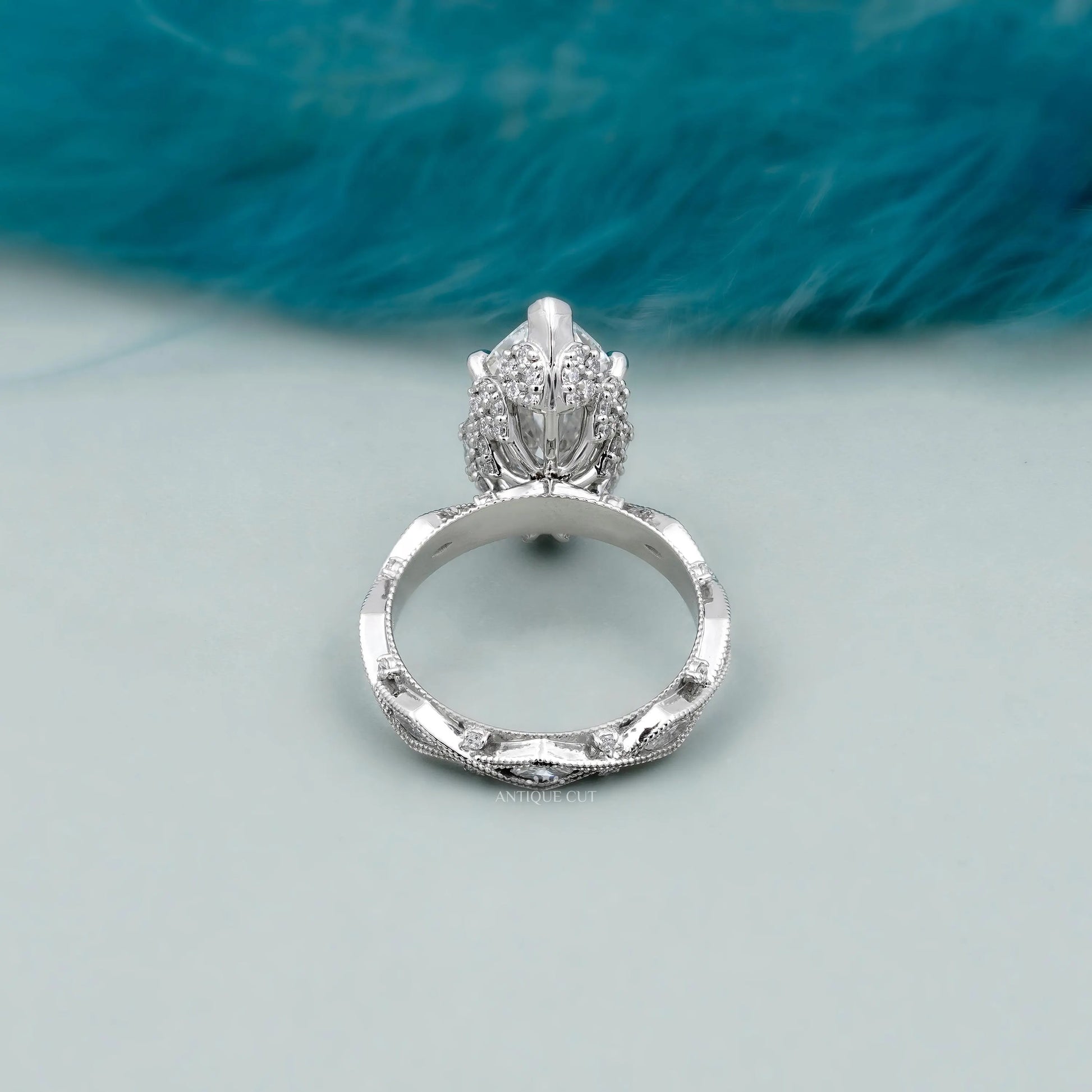 White gold marquise engagement ring with V shape claws
