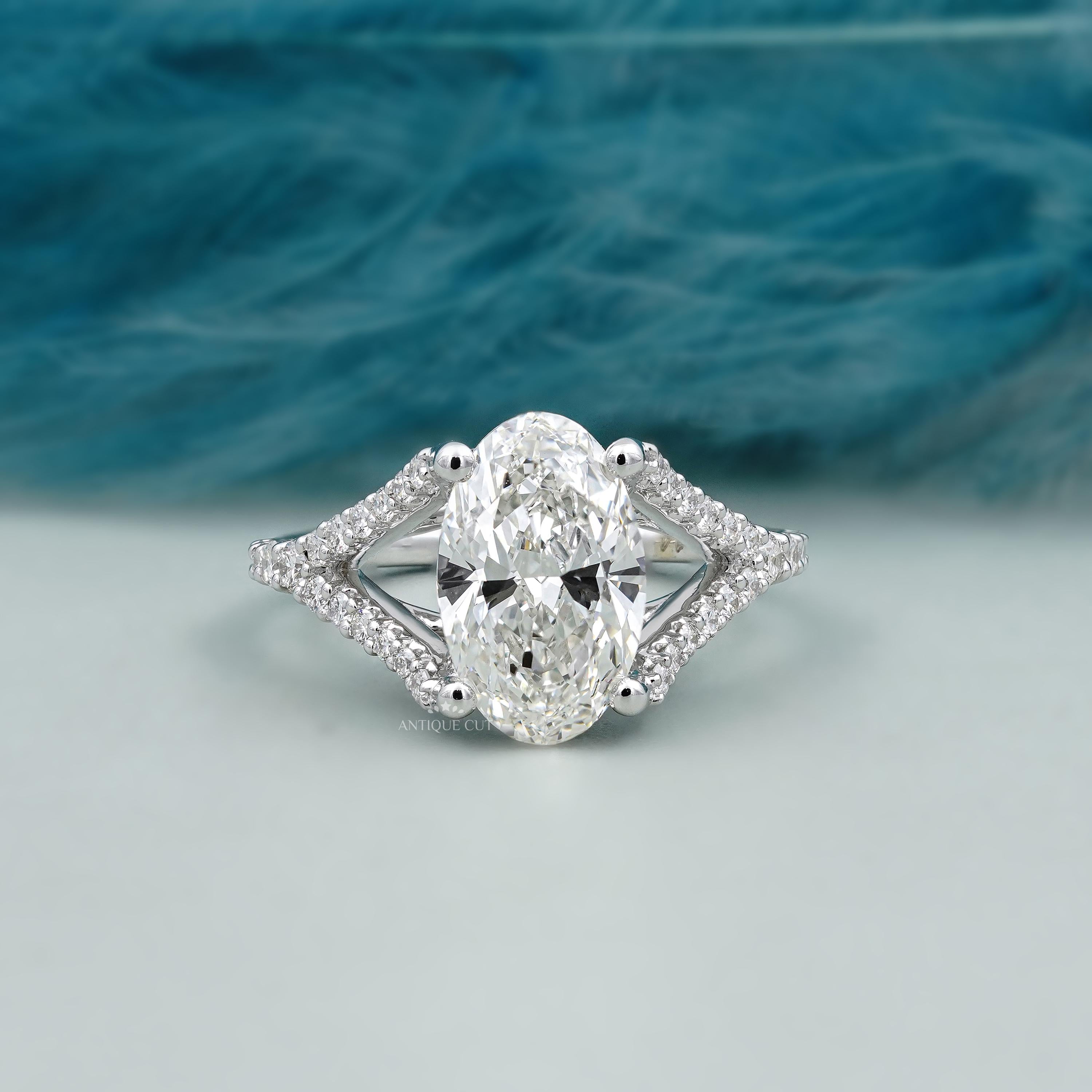 Split Shank Oval Cut Engagement Ring Hidden Halo Diamond Ring in White Gold