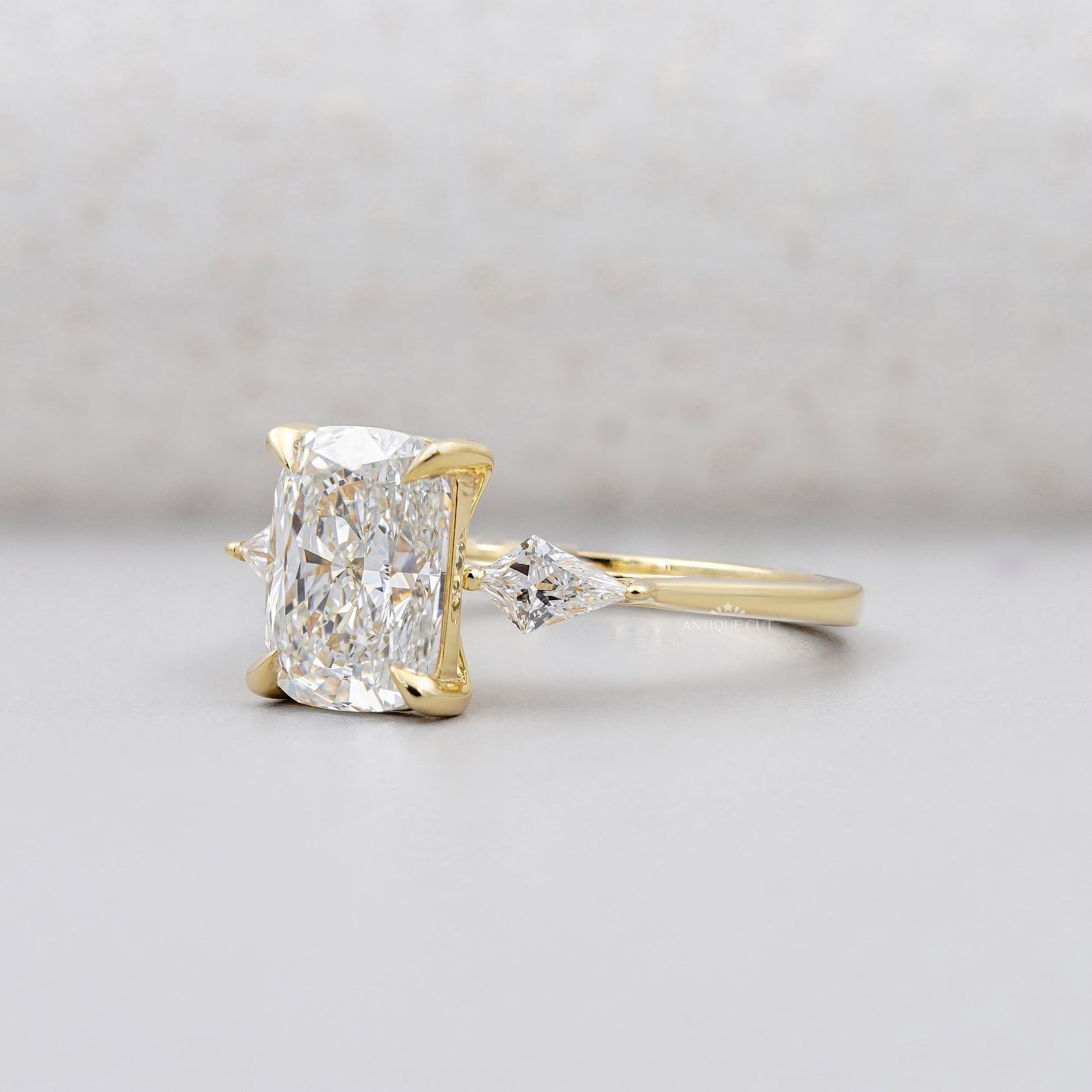 Lab grown cushion cut diamond ring with side stones