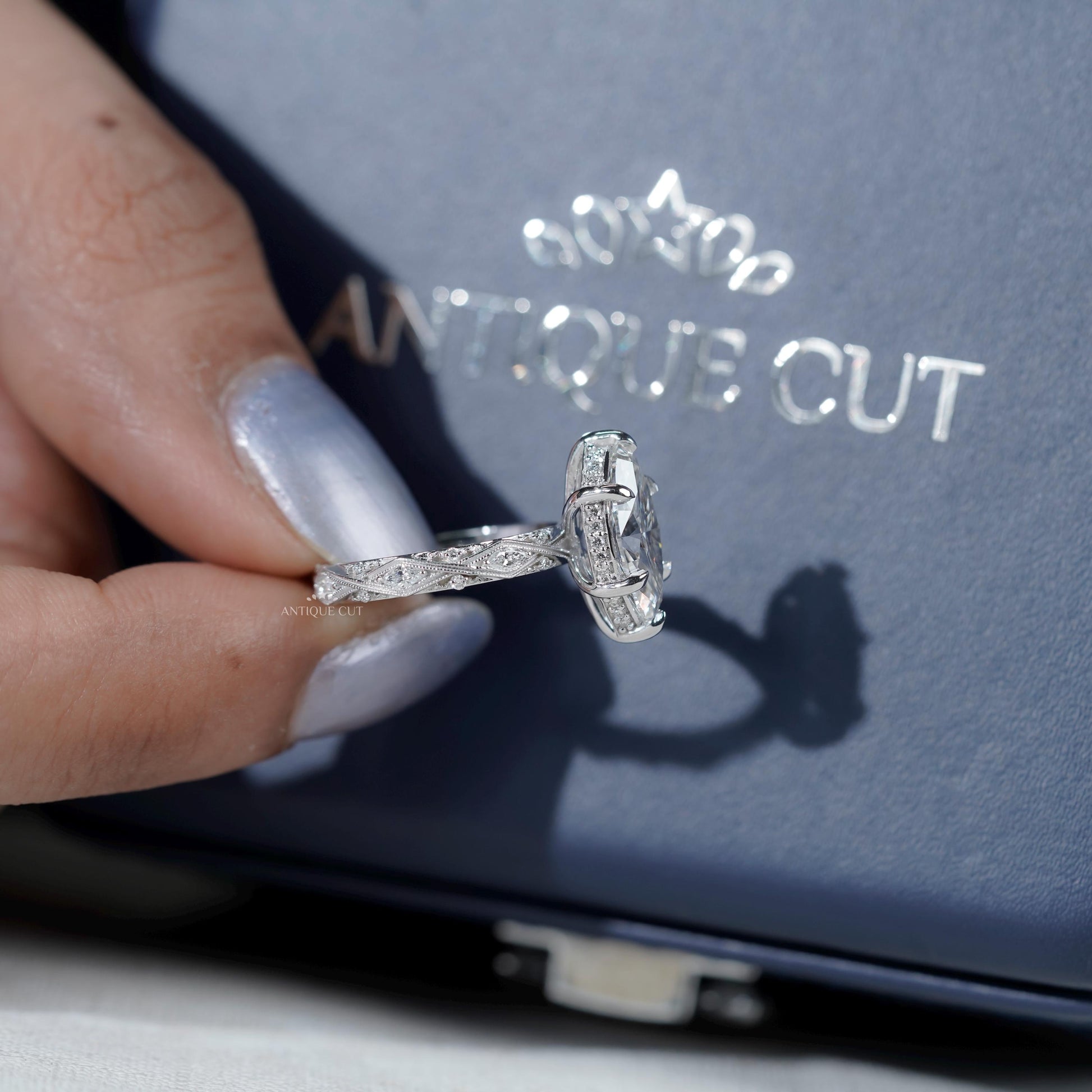 Lab grown marquise diamond ring with vintage details