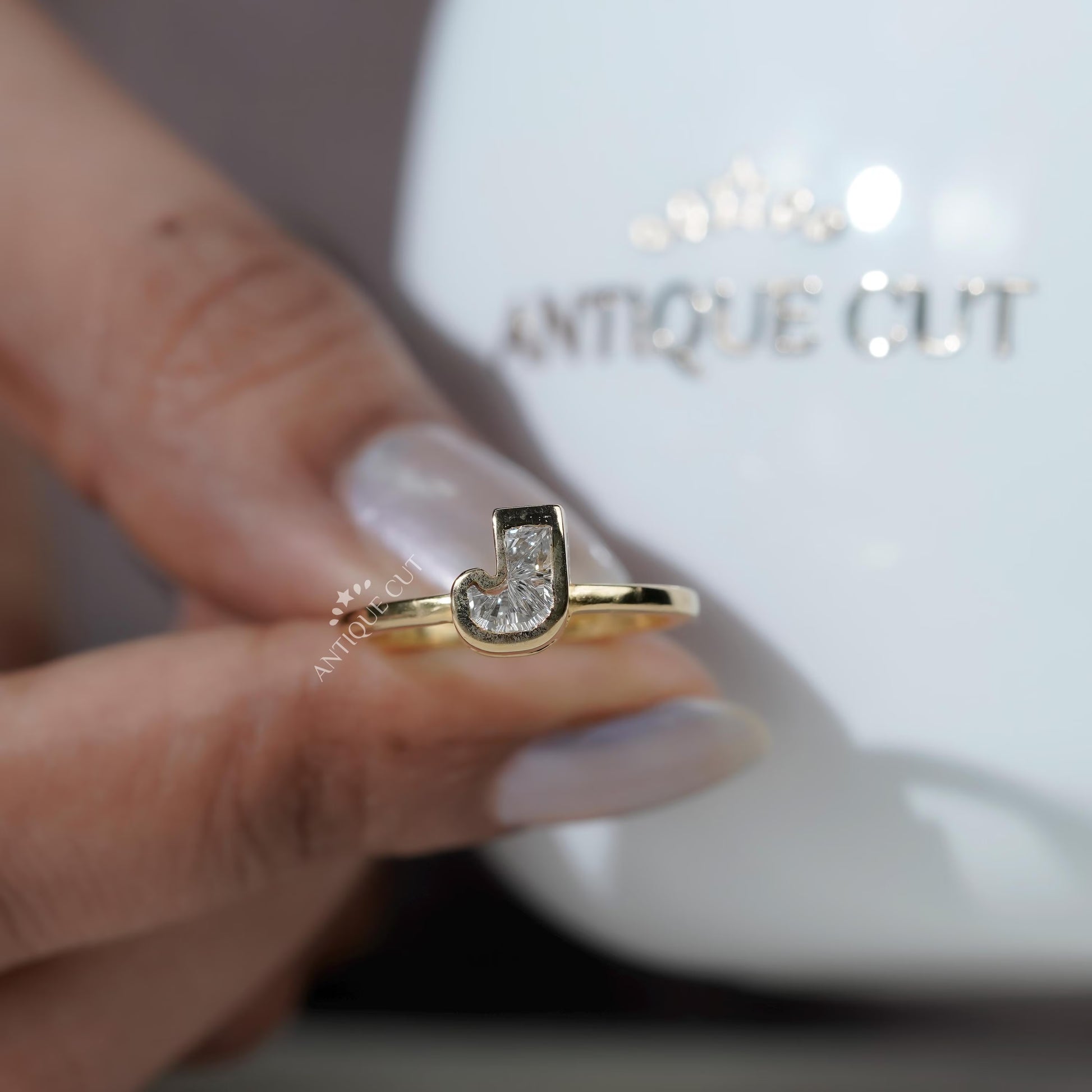 Personalized J initial diamond ring design