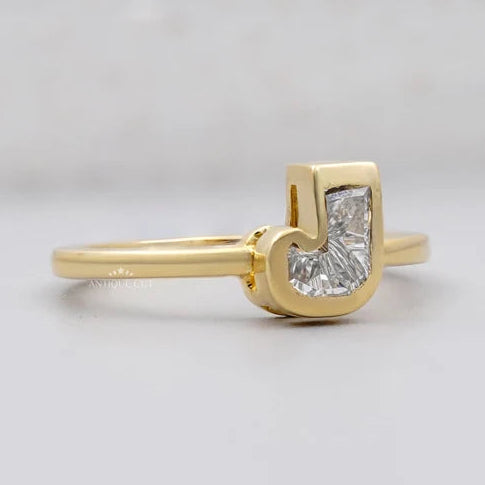 Bezel set diamond initial J design ring