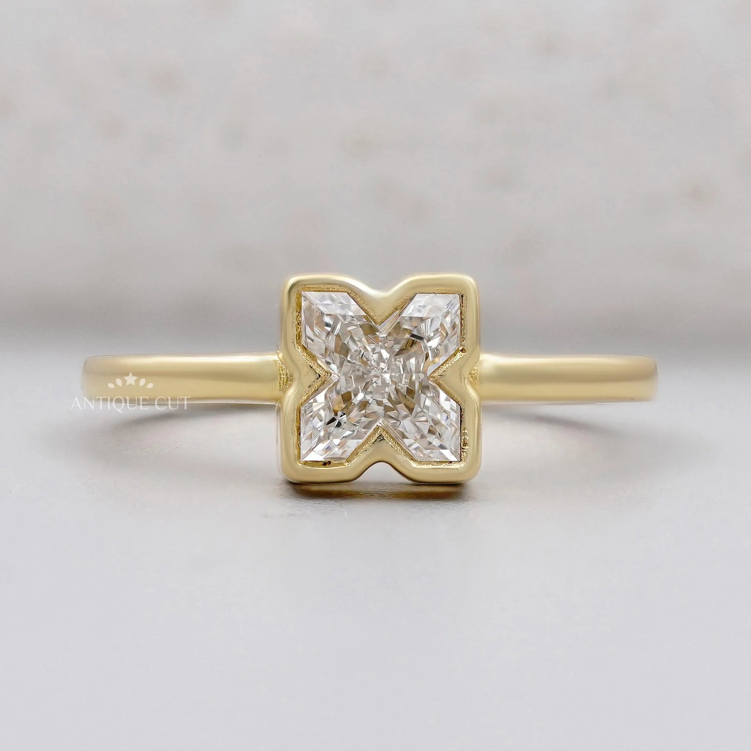 X Shaped Diamond Ring bezel setting yellow gold
