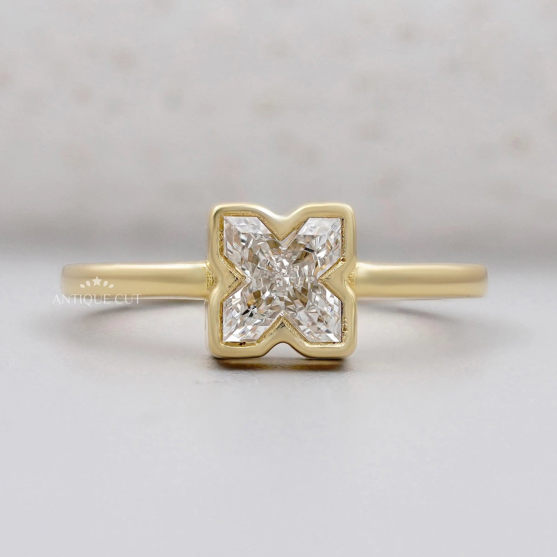 X Shaped Diamond Ring bezel setting yellow gold
