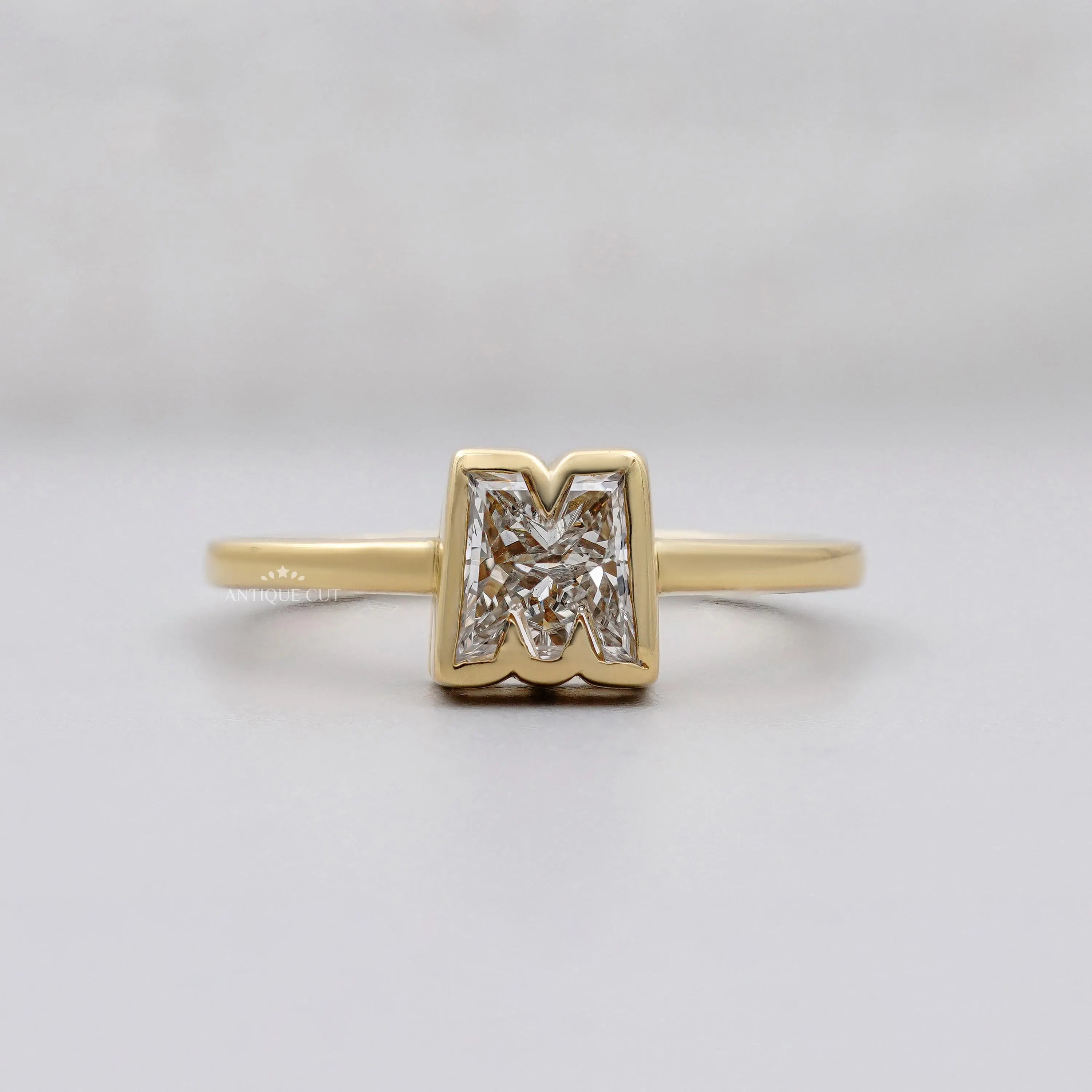 M shape initial lab diamond ring in yellow gold