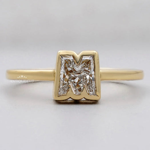 M shape initial lab diamond ring in yellow gold