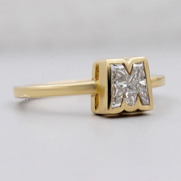 Yellow gold M initial diamond ring minimalist design