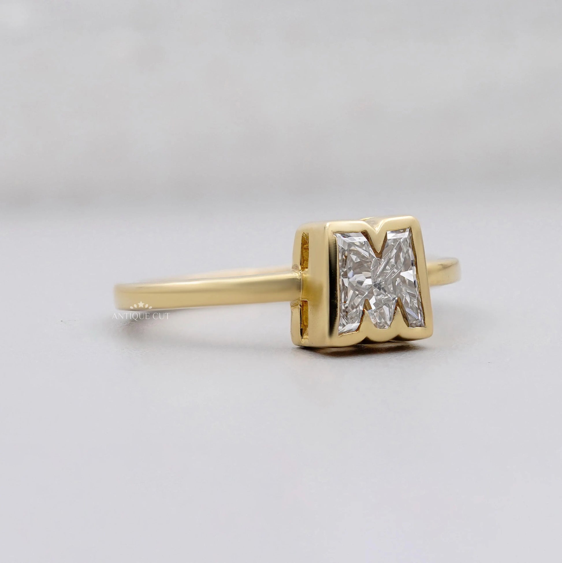 Yellow gold M initial diamond ring minimalist design