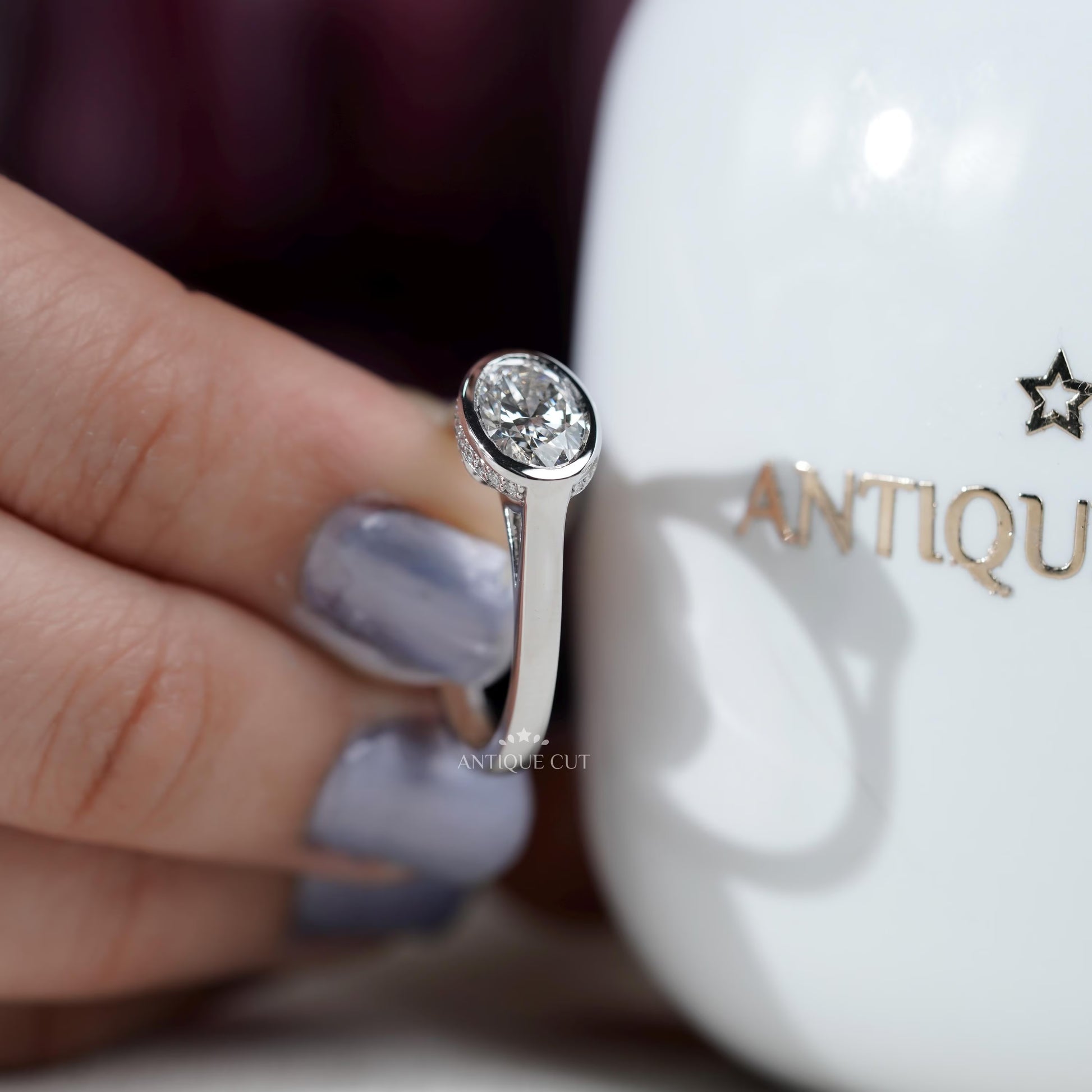 White gold antiquecut oval diamond engagement ring