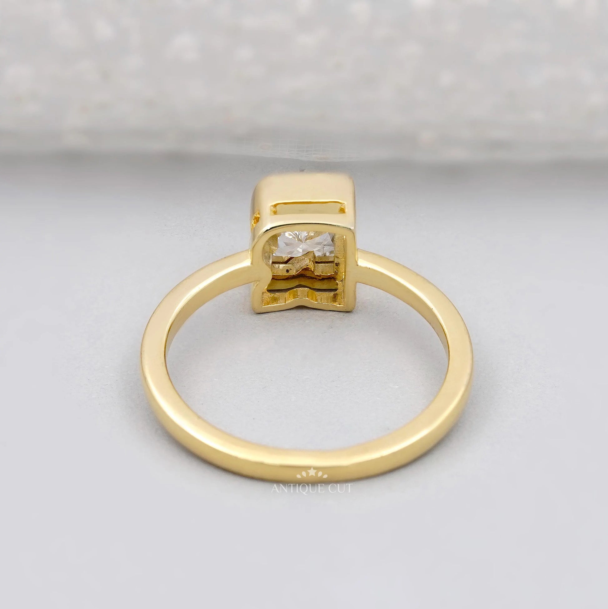 Antique cut R letter diamond ring yellow gold