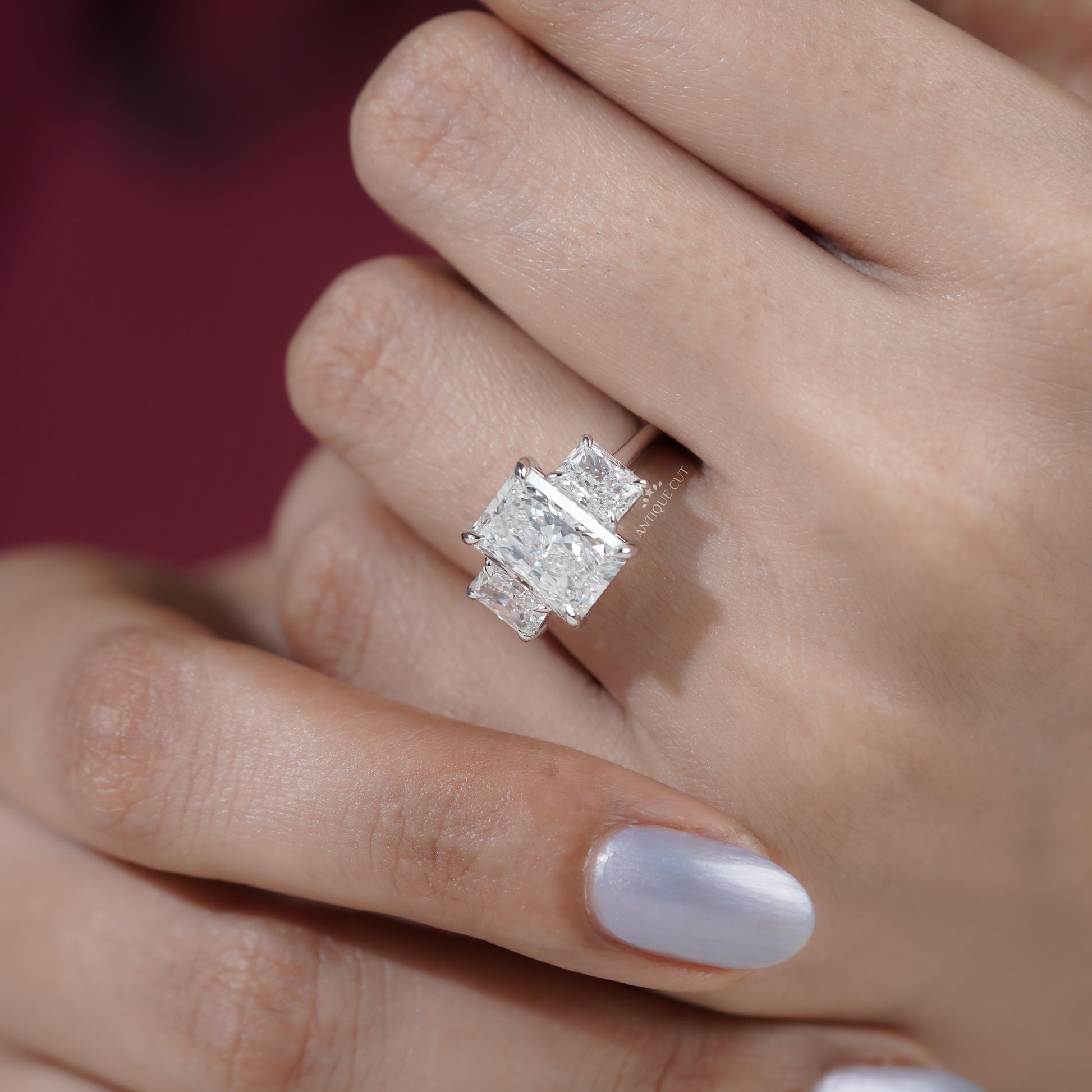 Radiant center stone engagement ring side view