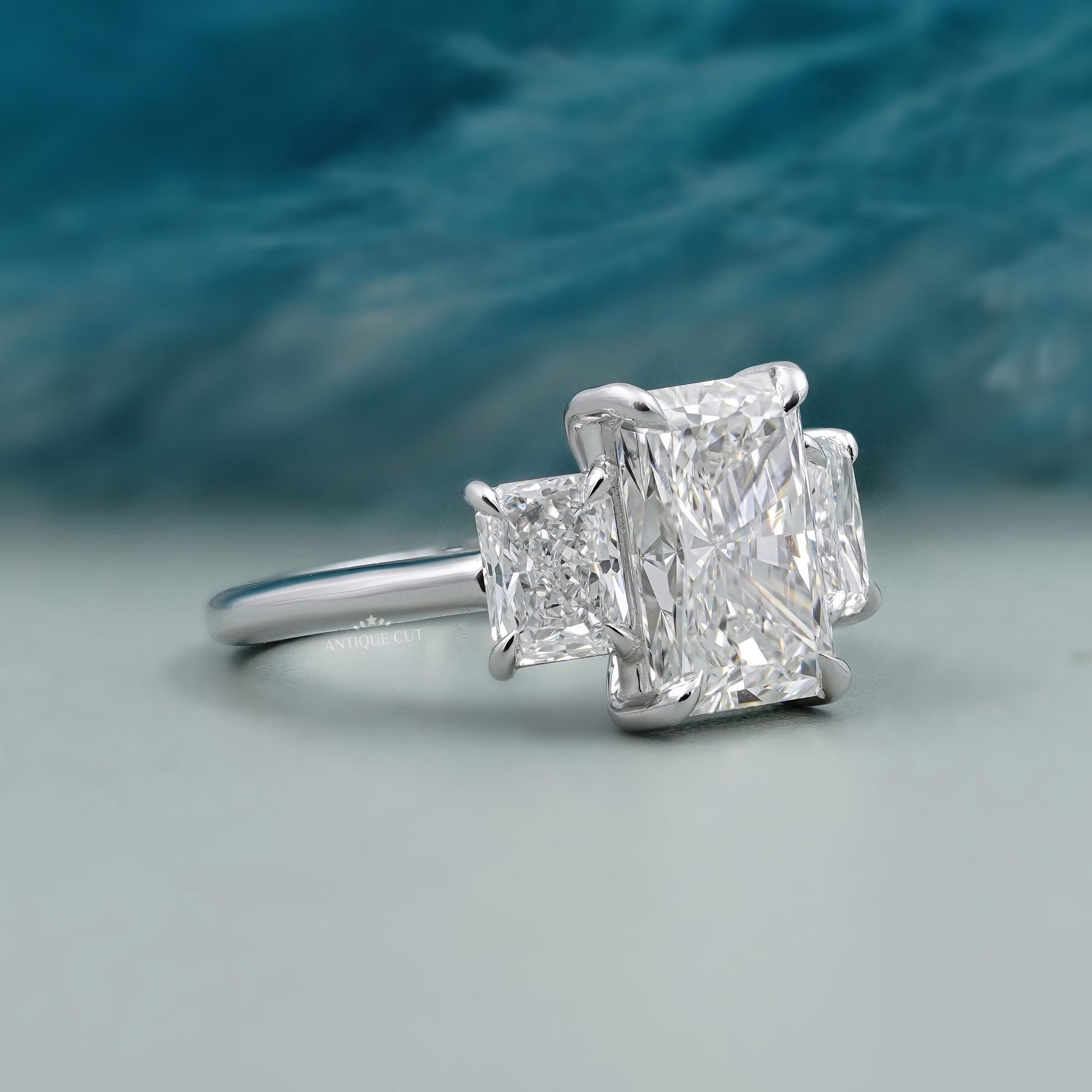 Three Stone Engagement Ring with Radiant Cut Diamond | Lab Grown Diamond