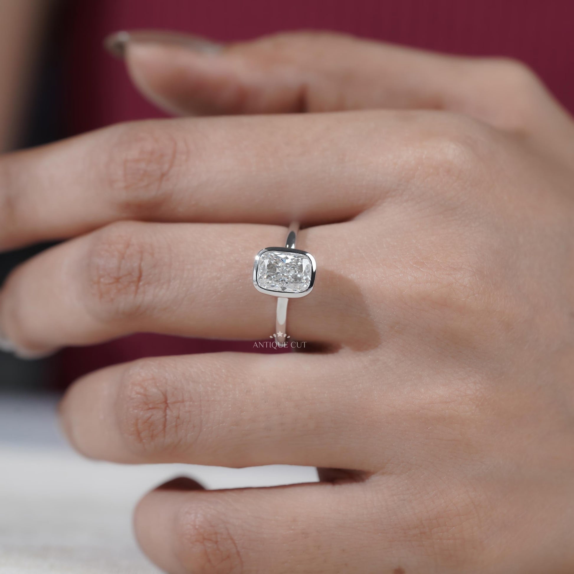 Close-up bezel set cushion diamond