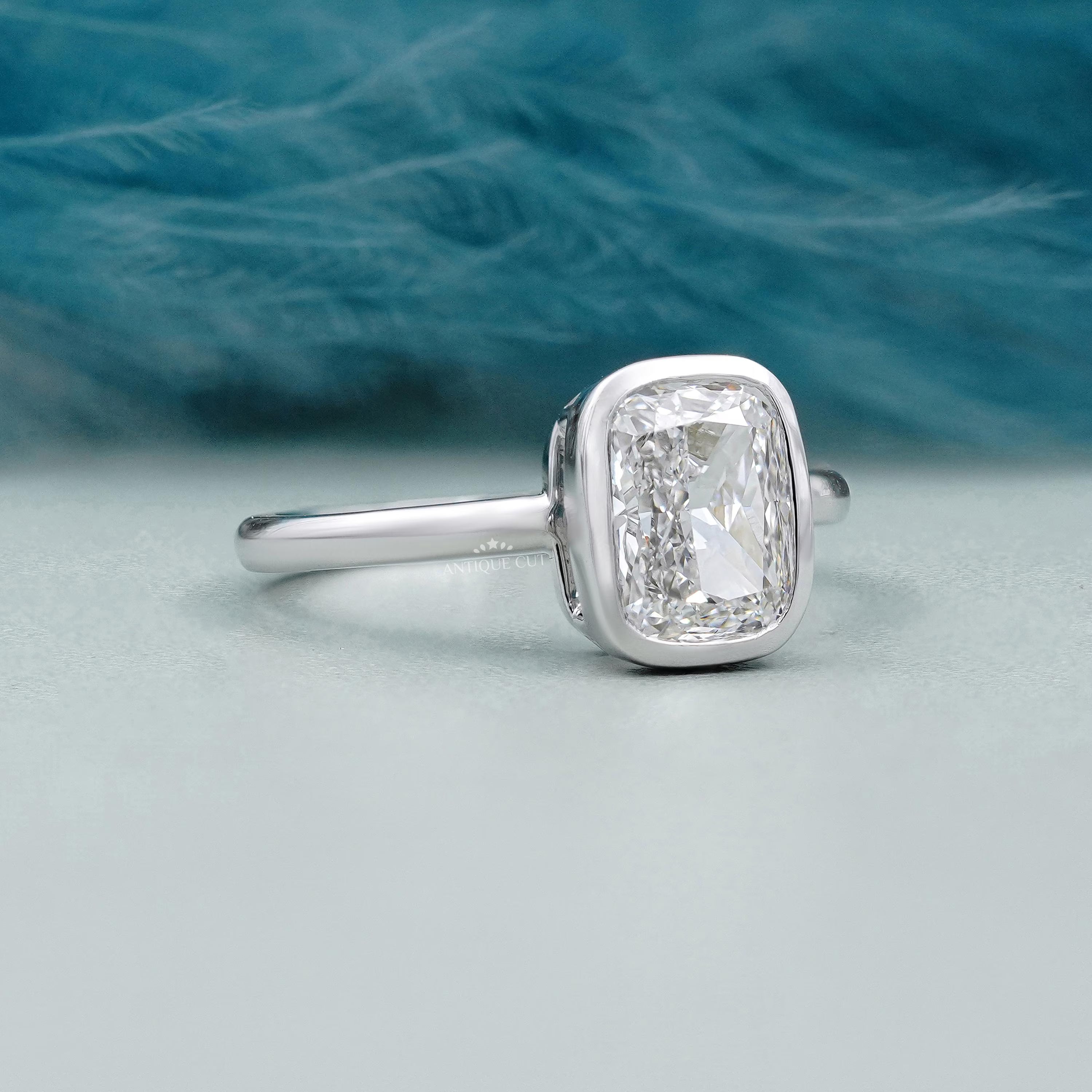 Solitaire diamond ring cushion cut close-up