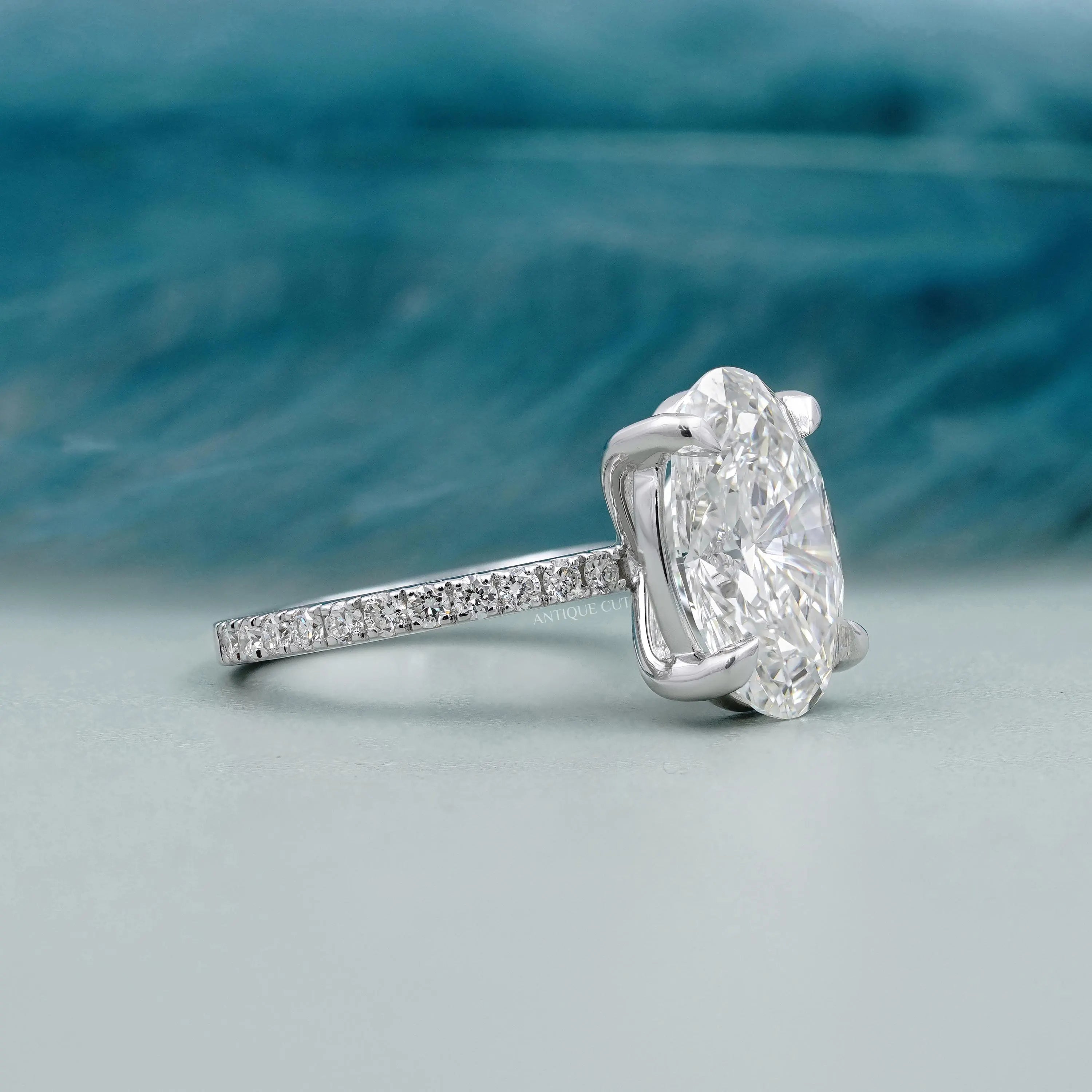 White gold oval diamond ring close-up