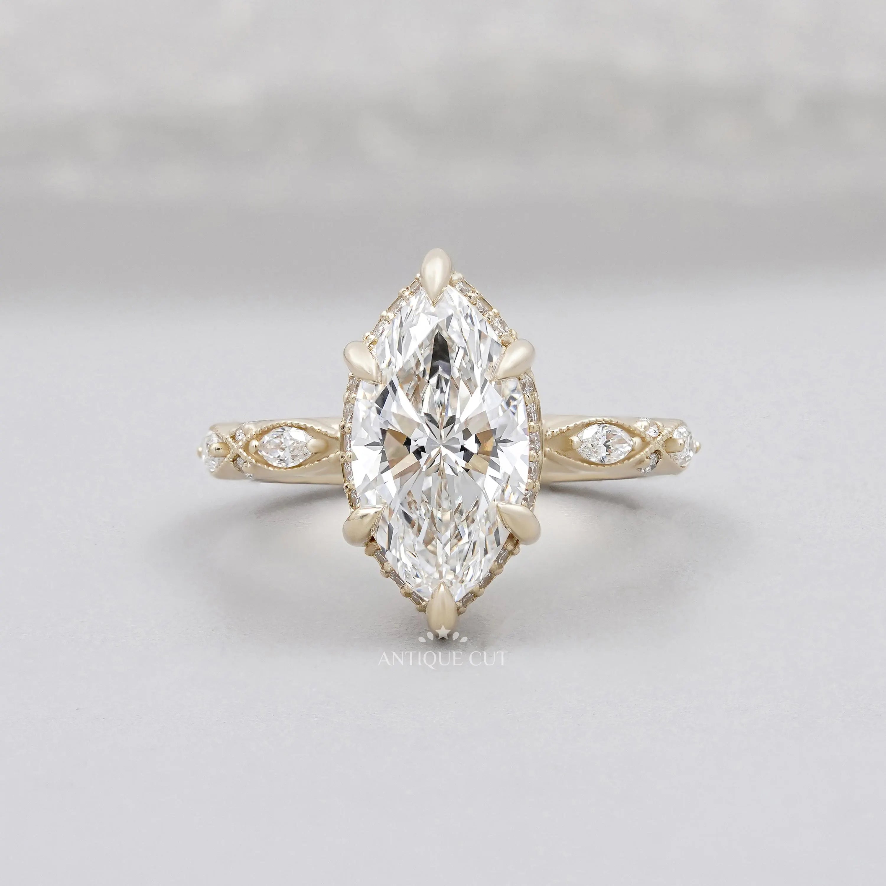 Marquise Cut Engagement Ring with Vintage Band in Yellow Gold IGI Certified